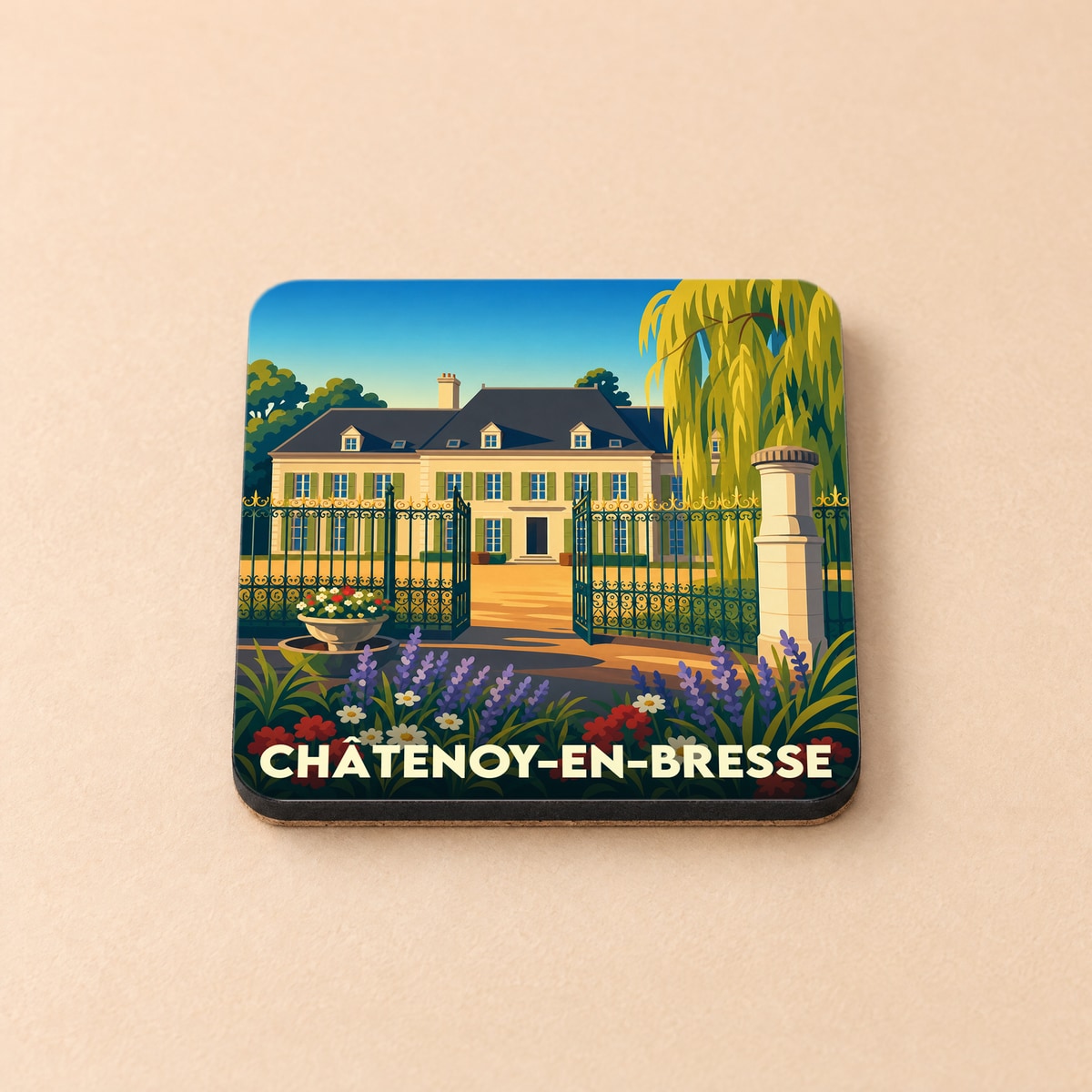 Dessous de verre souvenir de la ville de Châtenoy-en-Bresse avec une illustration stylisée d'un château.