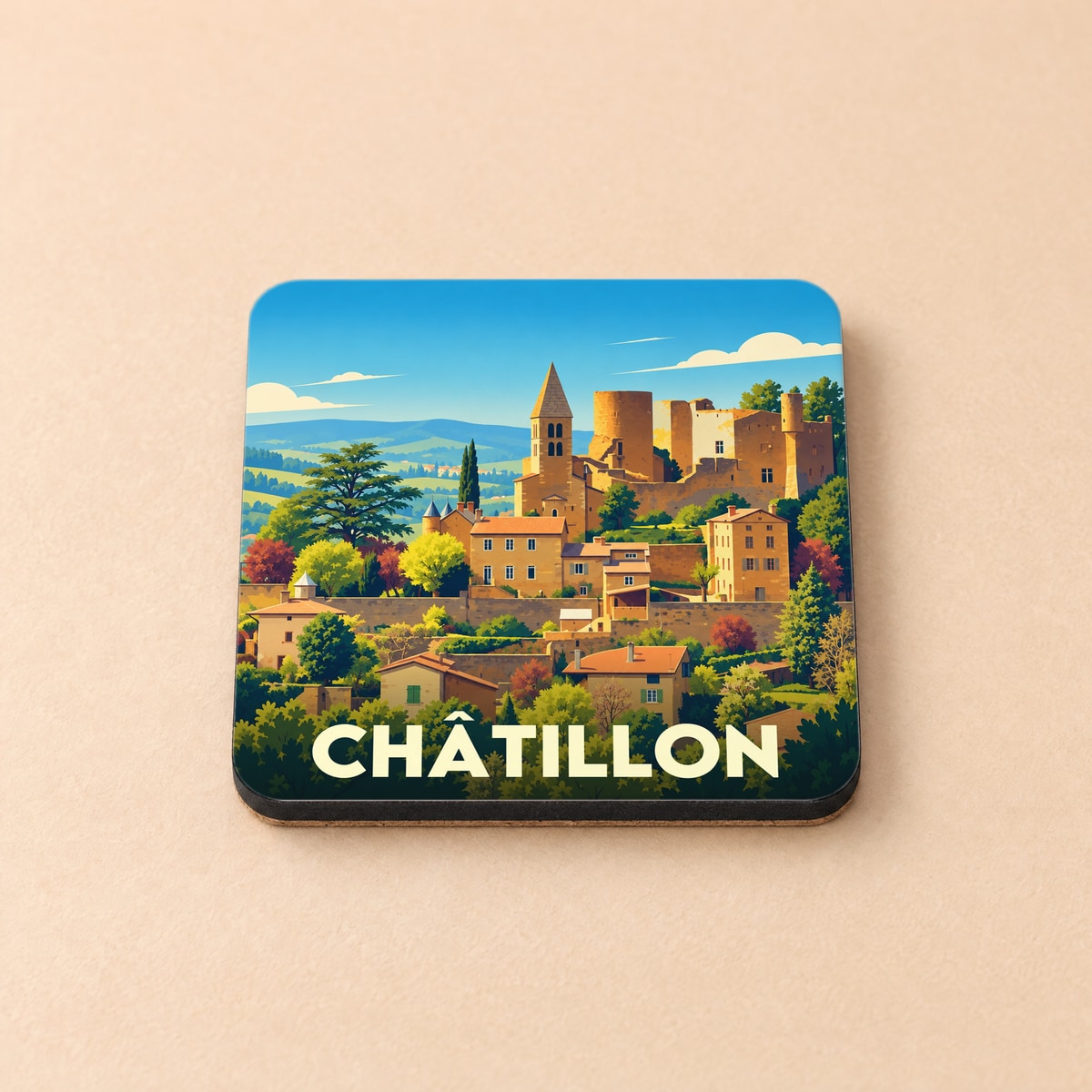 Dessous de verre souvenir de la ville de Châtillon avec une illustration stylisée de son château médiéval.