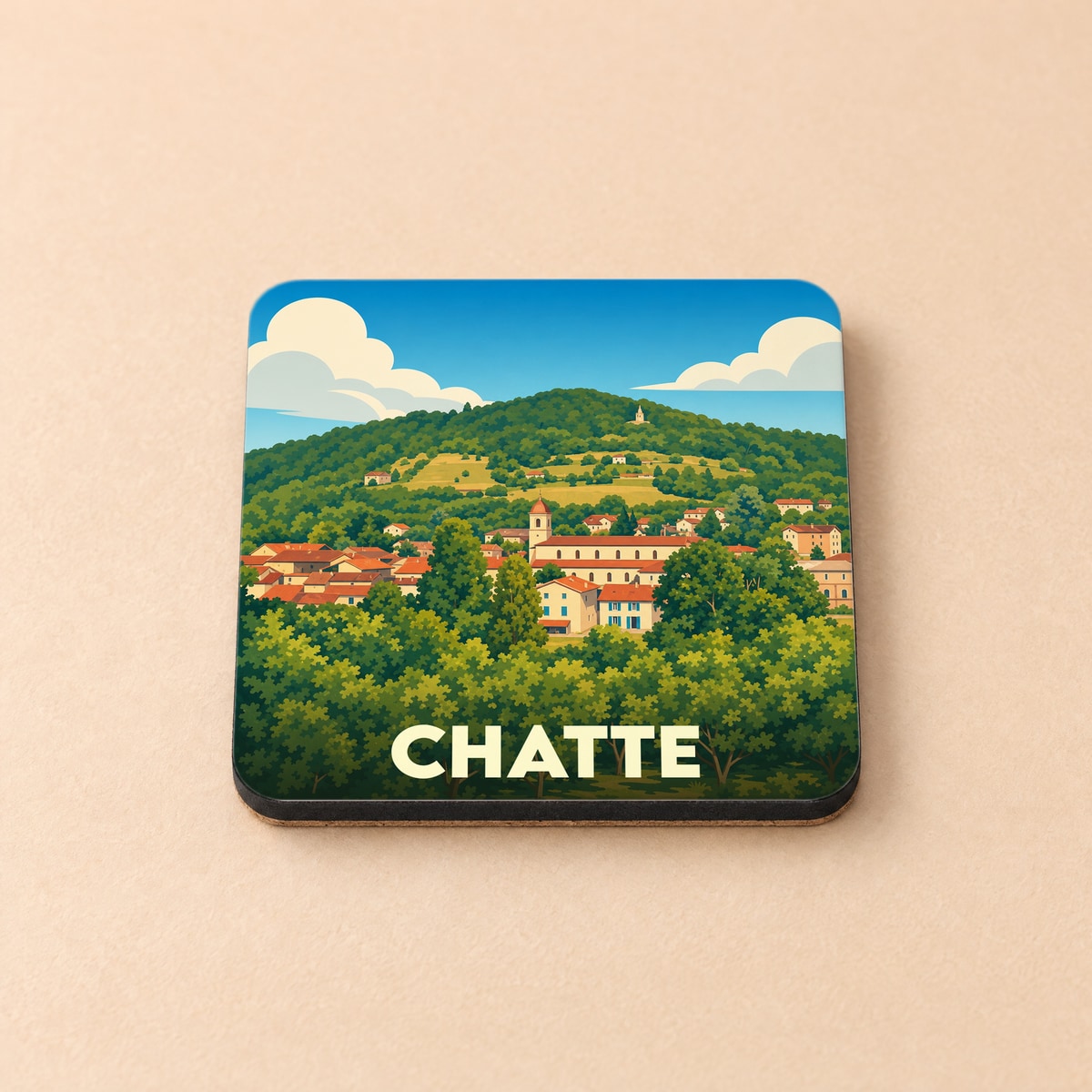 Dessous de verre souvenir de la ville de Chatte avec une illustration stylisée d'un village vallonné.