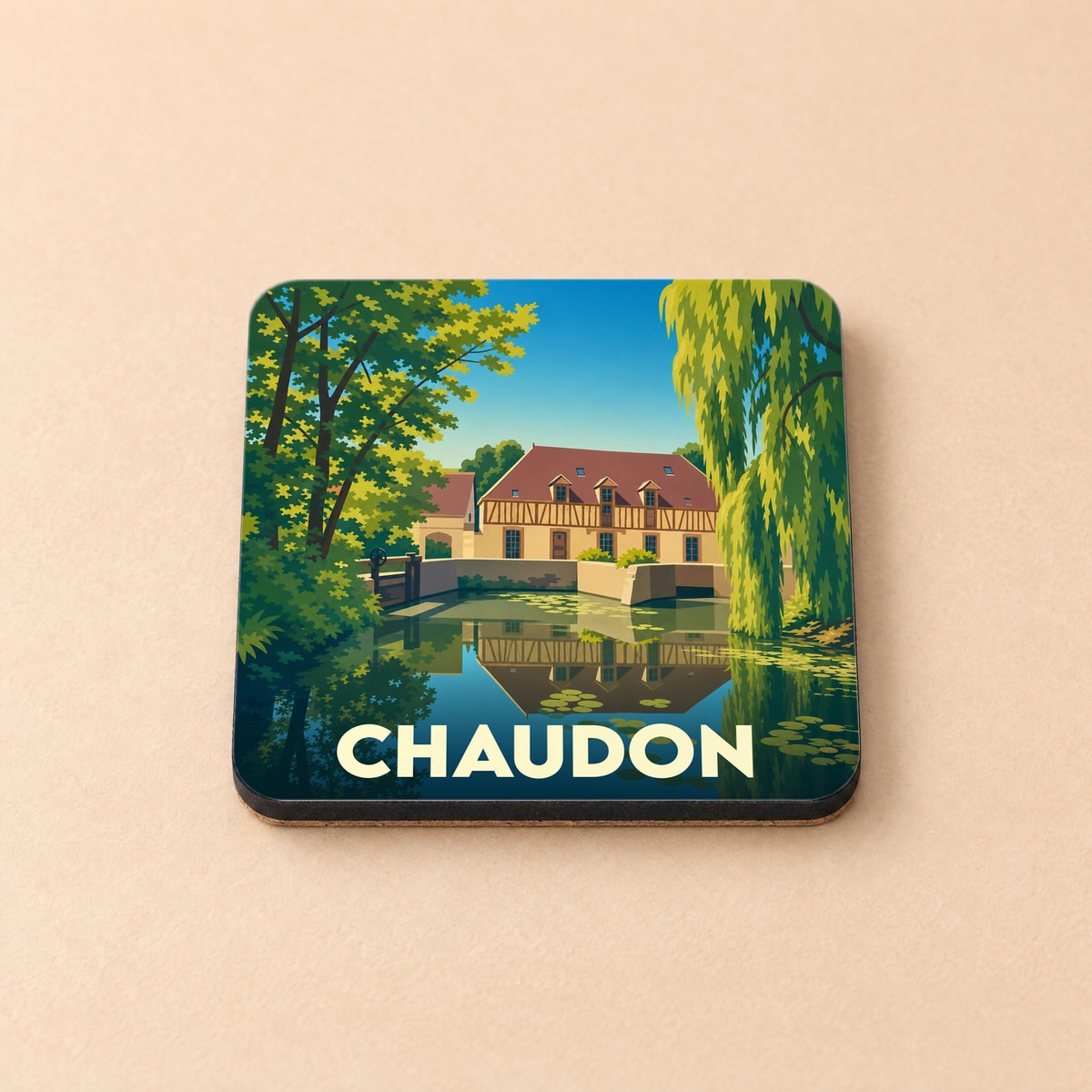 Dessous de verre souvenir de la ville de Chaudon avec une illustration stylisée de son moulin.