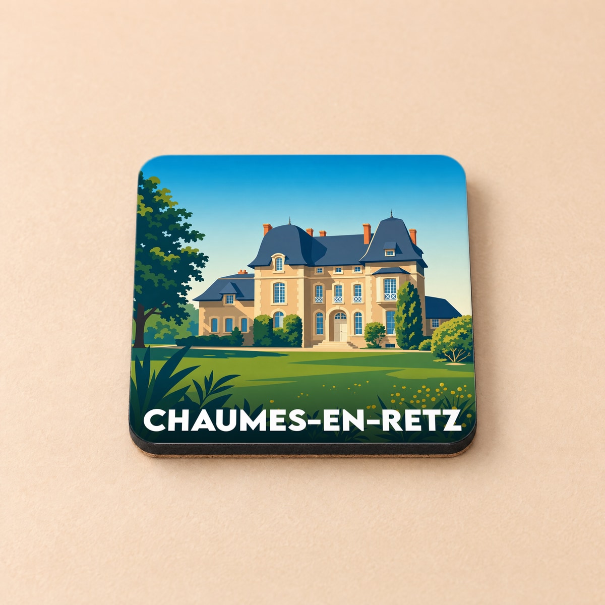 Dessous de verre souvenir de la ville de Chaumes-en-Retz avec une illustration stylisée d'un château.