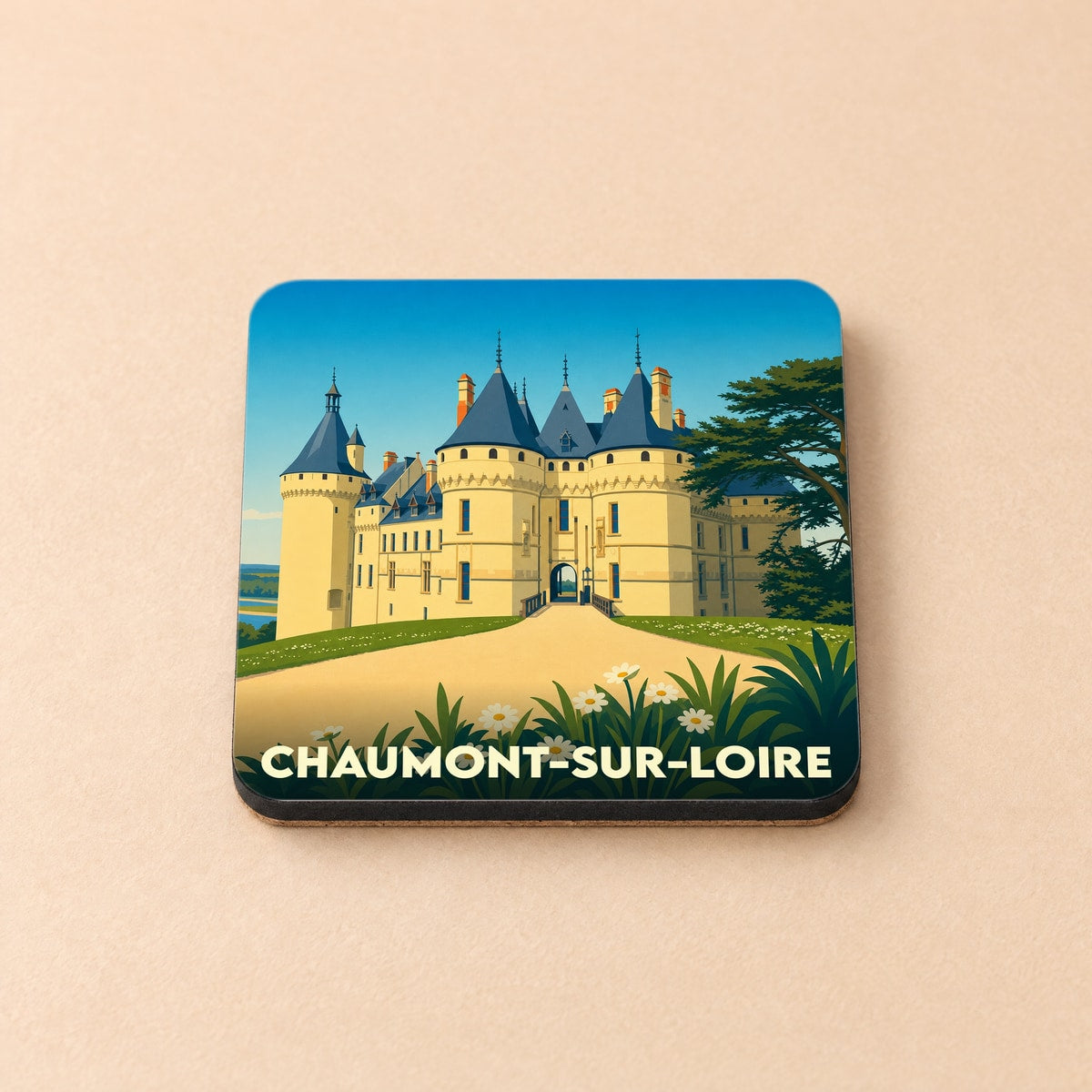 Dessous de verre souvenir de la ville de Chaumont-sur-Loire illustré d'un château de style vintage.