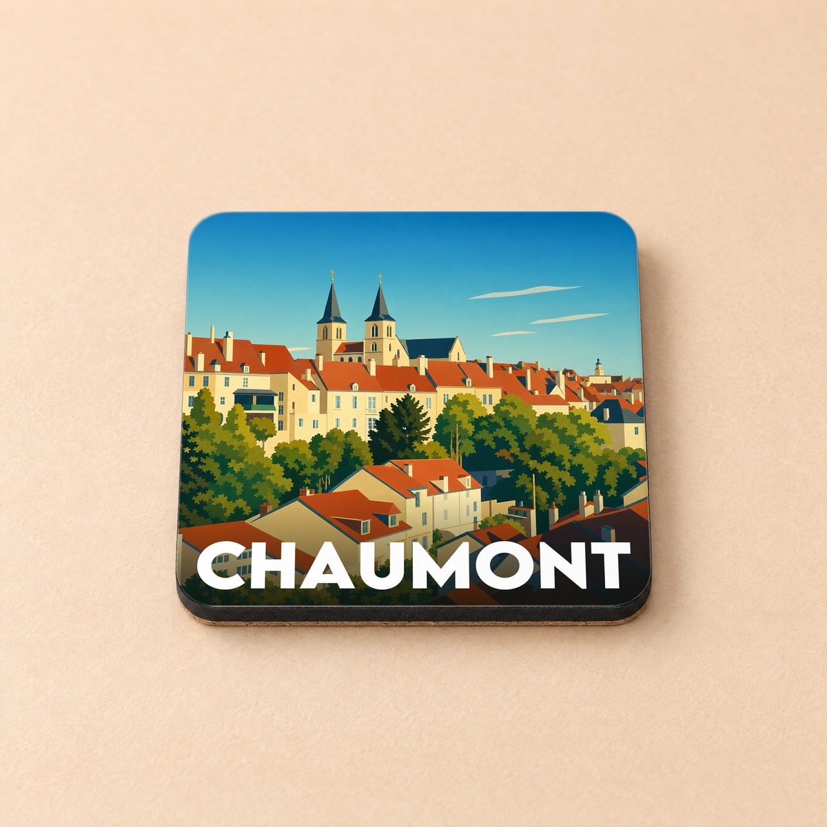 Dessous de verre souvenir de la ville de Chaumont avec une illustration stylisée de ses toits et de ses églises.