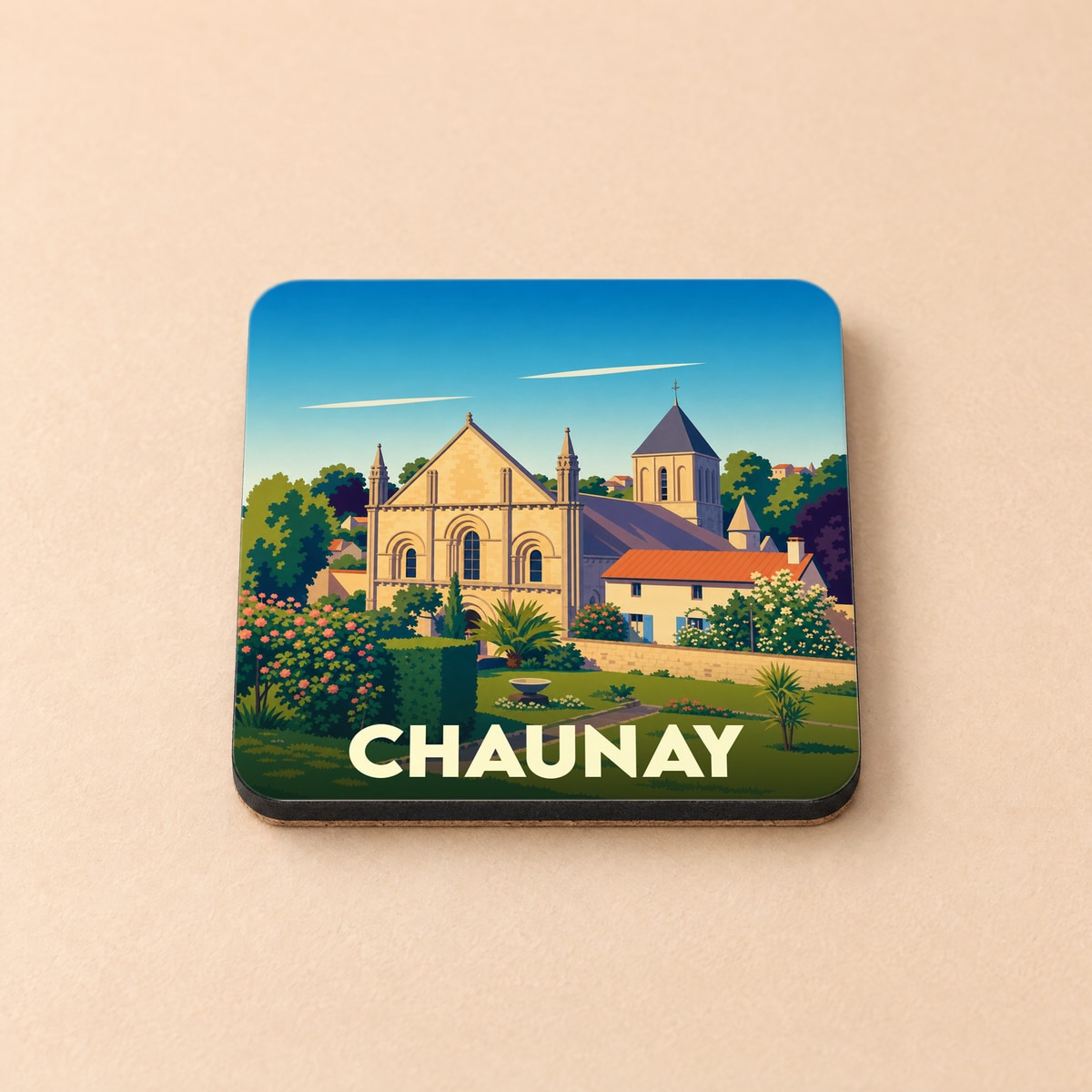 Dessous de verre souvenir de la ville de Chaunay avec une illustration stylisée de son église et de ses jardins.