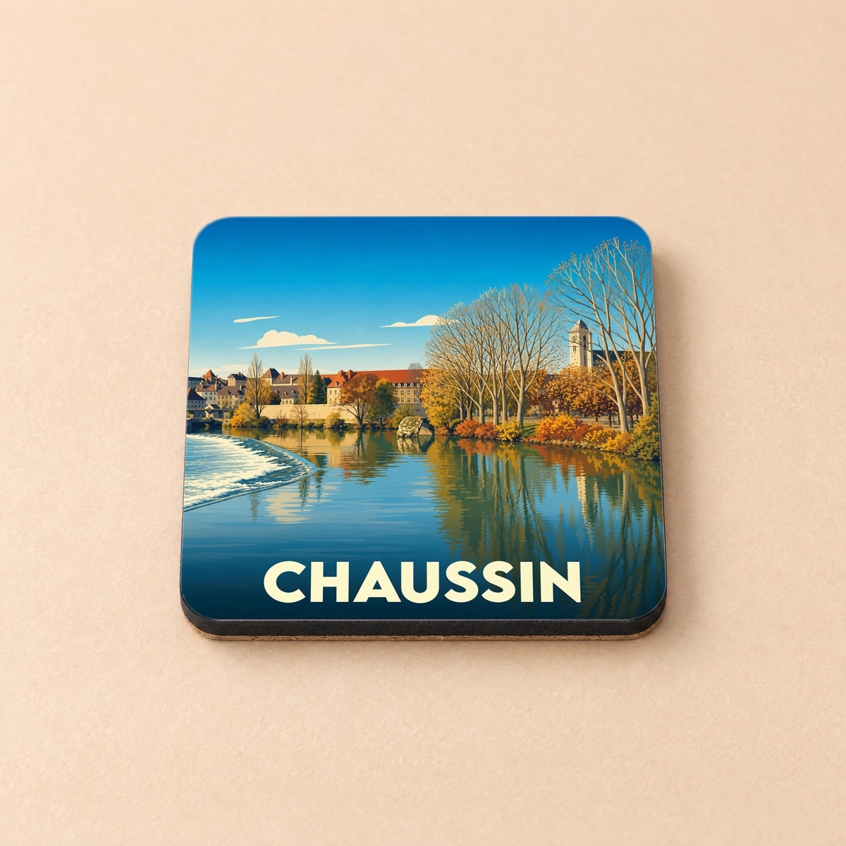 Dessous de verre souvenir de la ville de Chaussin avec une illustration stylisée d'un paysage fluvial.