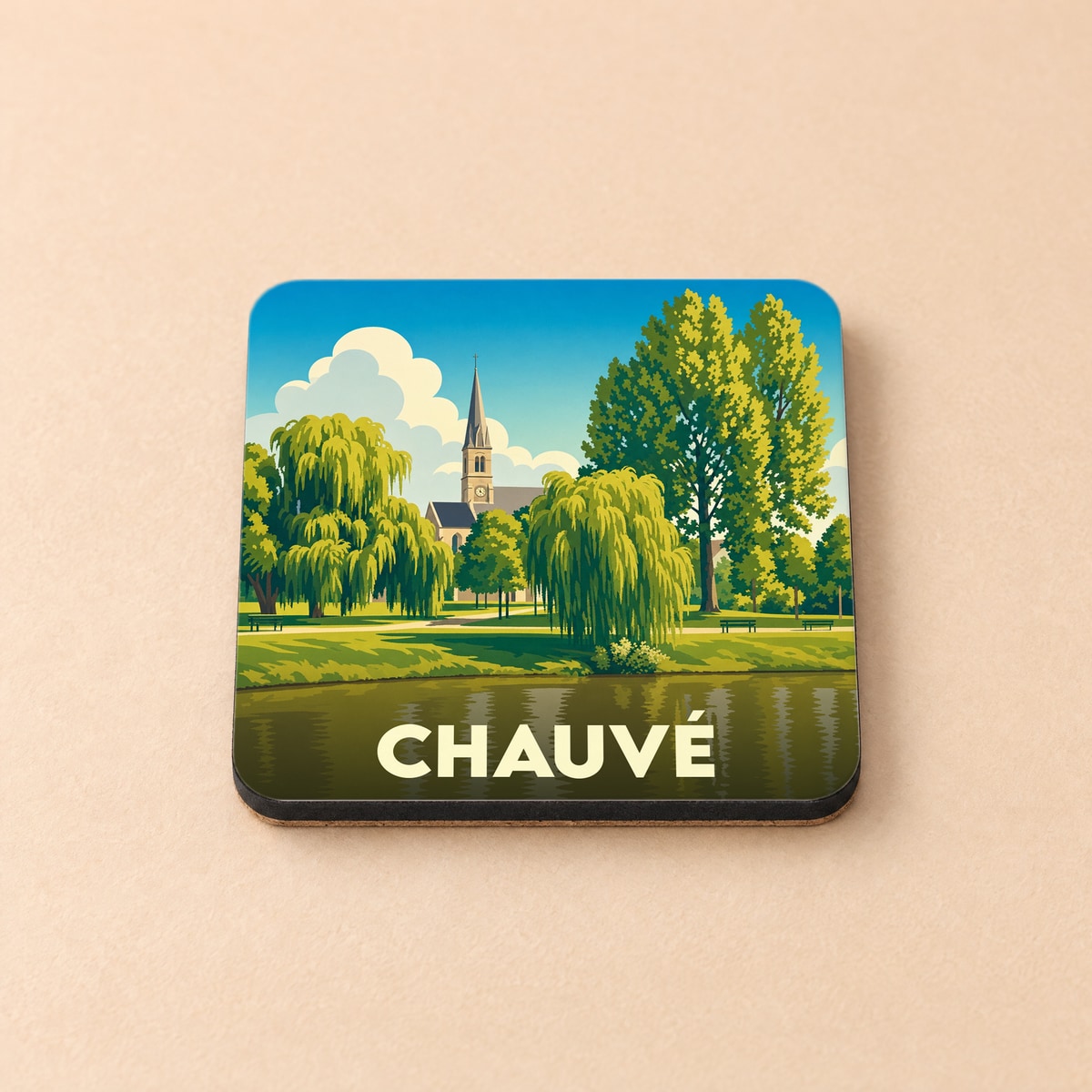 Dessous de verre souvenir de la ville de Chauvé avec une illustration stylisée d'un parc boisé et d'une église.