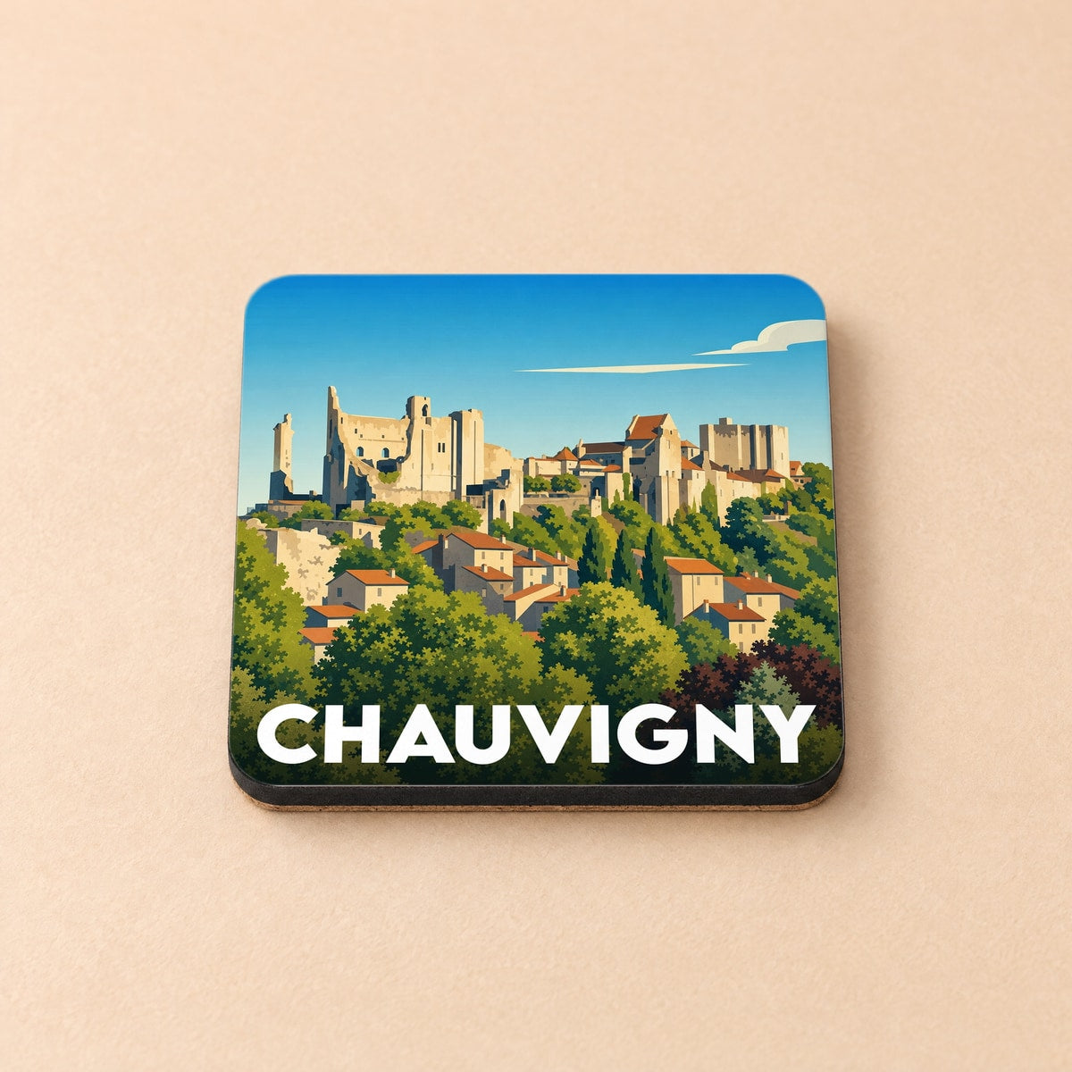 Dessous de verre souvenir de la ville de Chauvigny avec une illustration stylisée de sa cité médiévale.