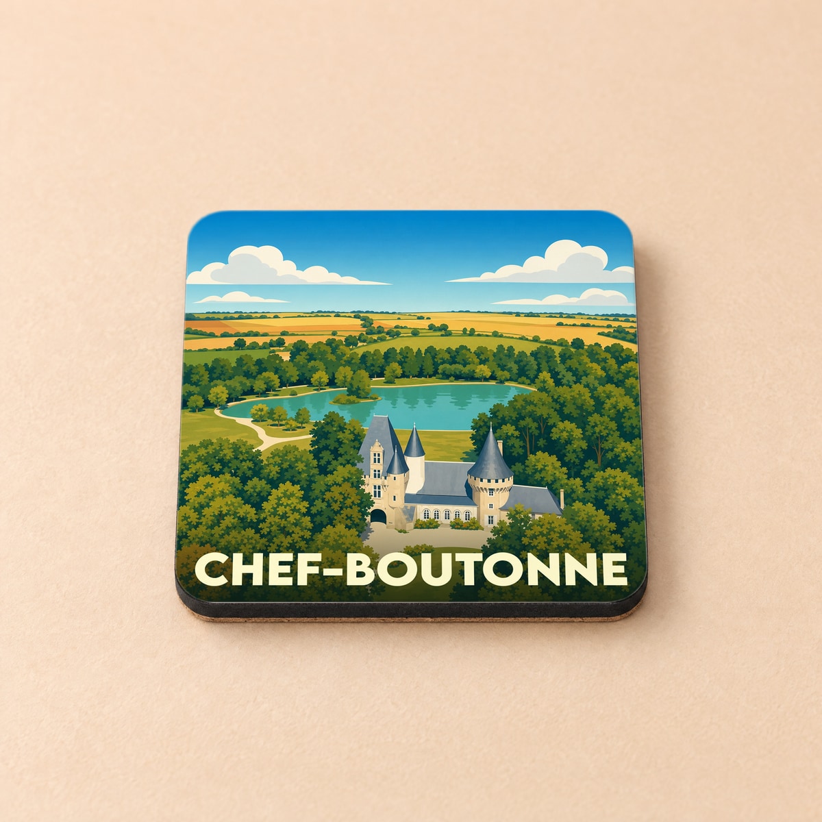 Dessous de verre souvenir de la ville de Chef-Boutonne avec une illustration stylisée d'un château près d'un lac.