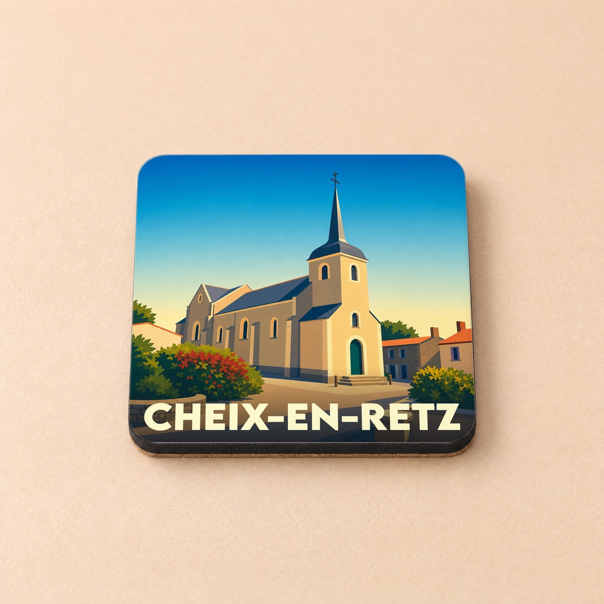 Dessous de verre souvenir de la ville de Cheix-en-Retz avec une illustration stylisée de son église.