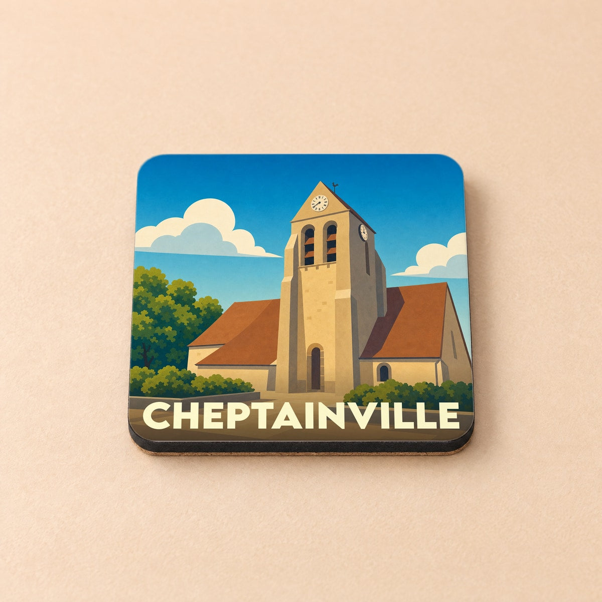 Dessous de verre souvenir de la ville de Cheptainville avec une illustration stylisée de son église.