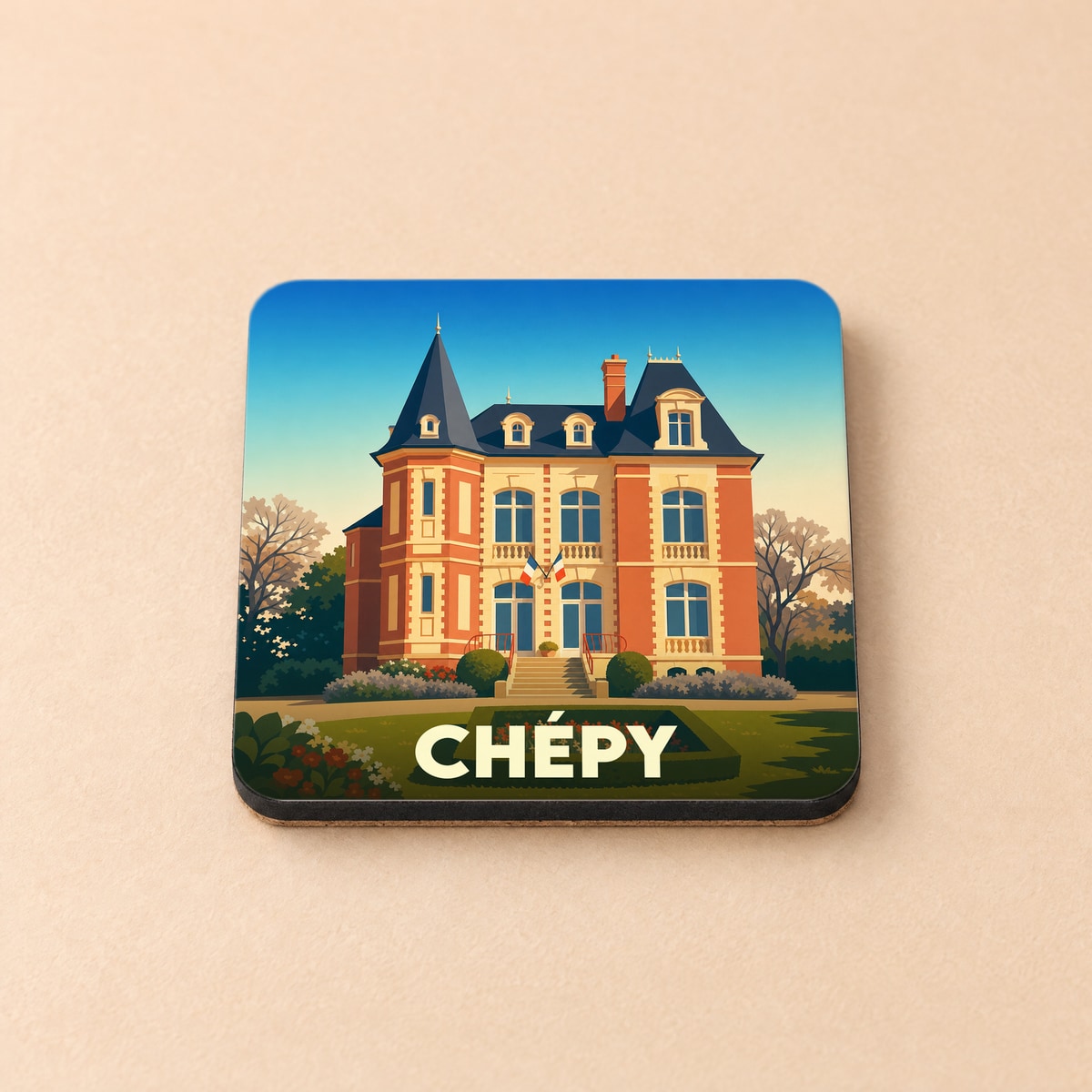 Dessous de verre souvenir de la ville de Chépy avec une illustration stylisée d'une demeure bourgeoise.