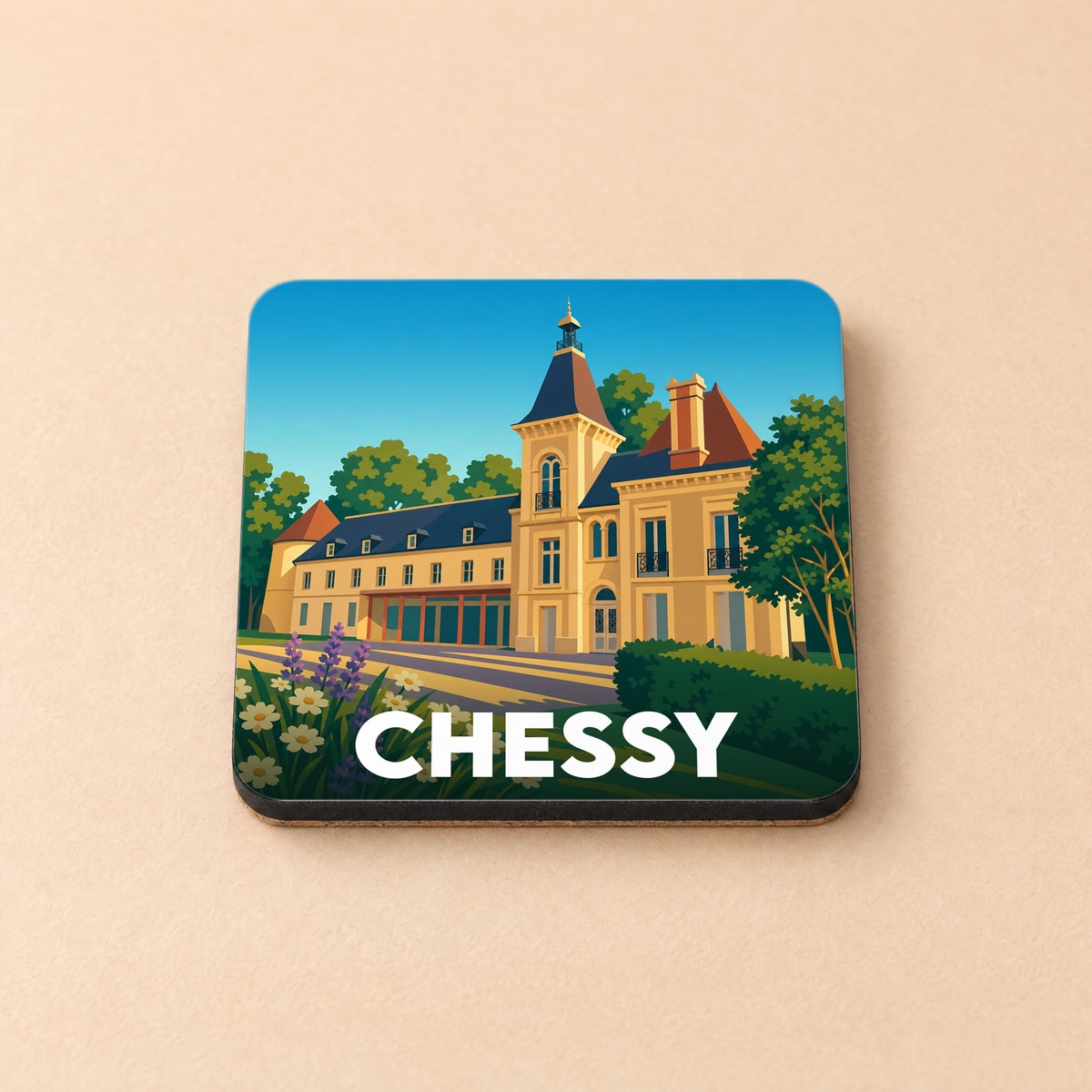 Dessous de verre souvenir de la ville de Chessy avec une illustration stylisée de son château.