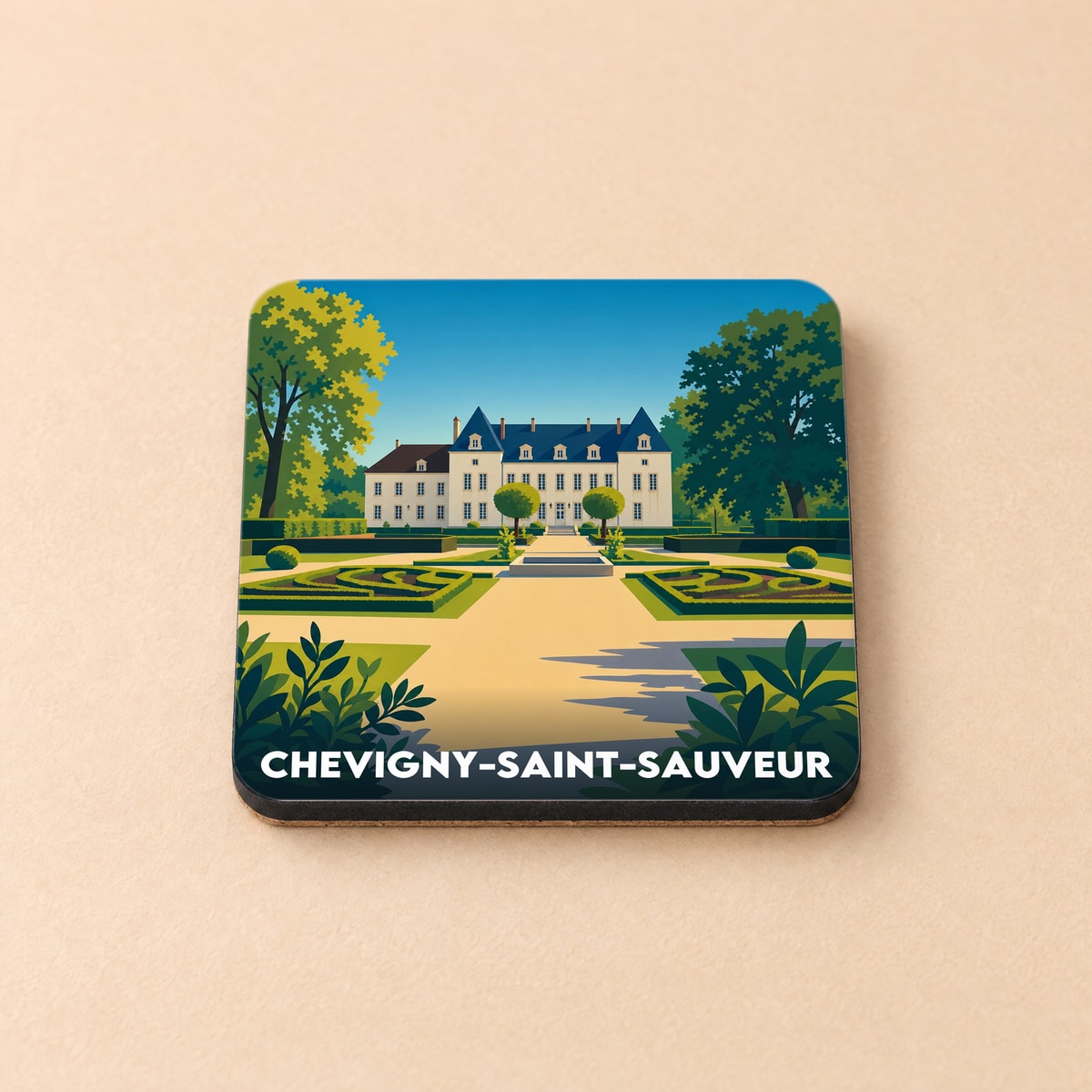 Dessous de verre souvenir de la ville de Chevigny-Saint-Sauveur avec une illustration stylisée de château et de jardins.