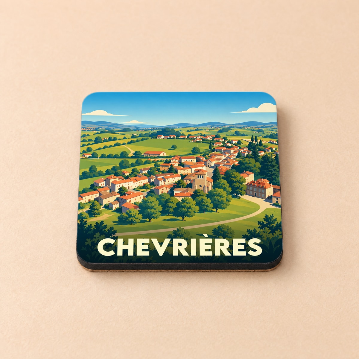 Dessous de verre souvenir de la ville de Chevrières avec une illustration stylisée de son paysage vallonné.