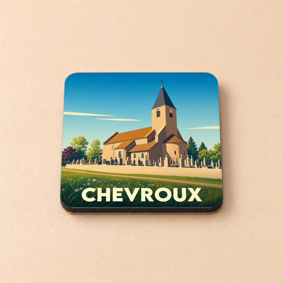 Dessous de verre souvenir de la ville de Chevroux avec une illustration stylisée de son église.