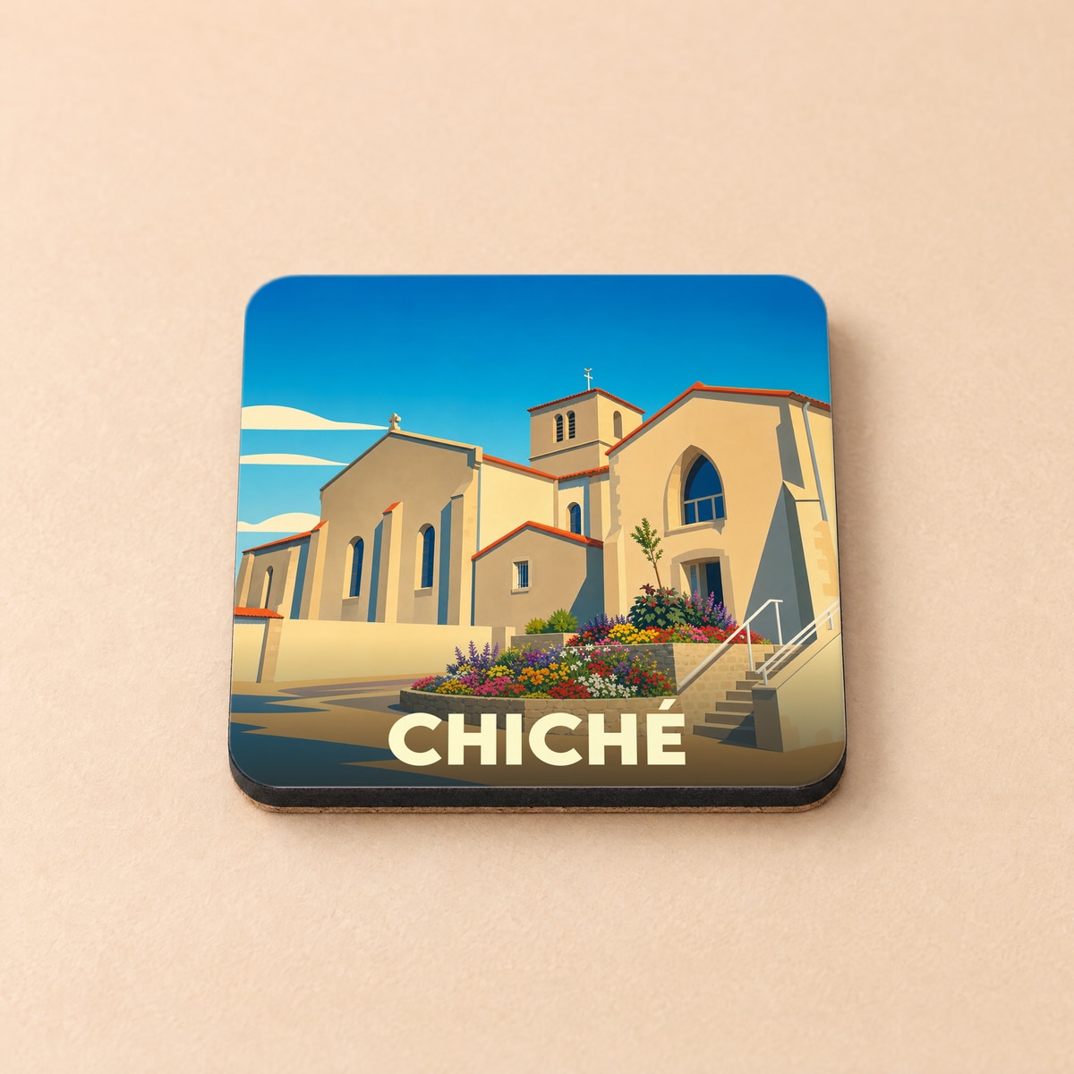 Dessous de verre souvenir de la ville de Chiché avec une illustration stylisée.