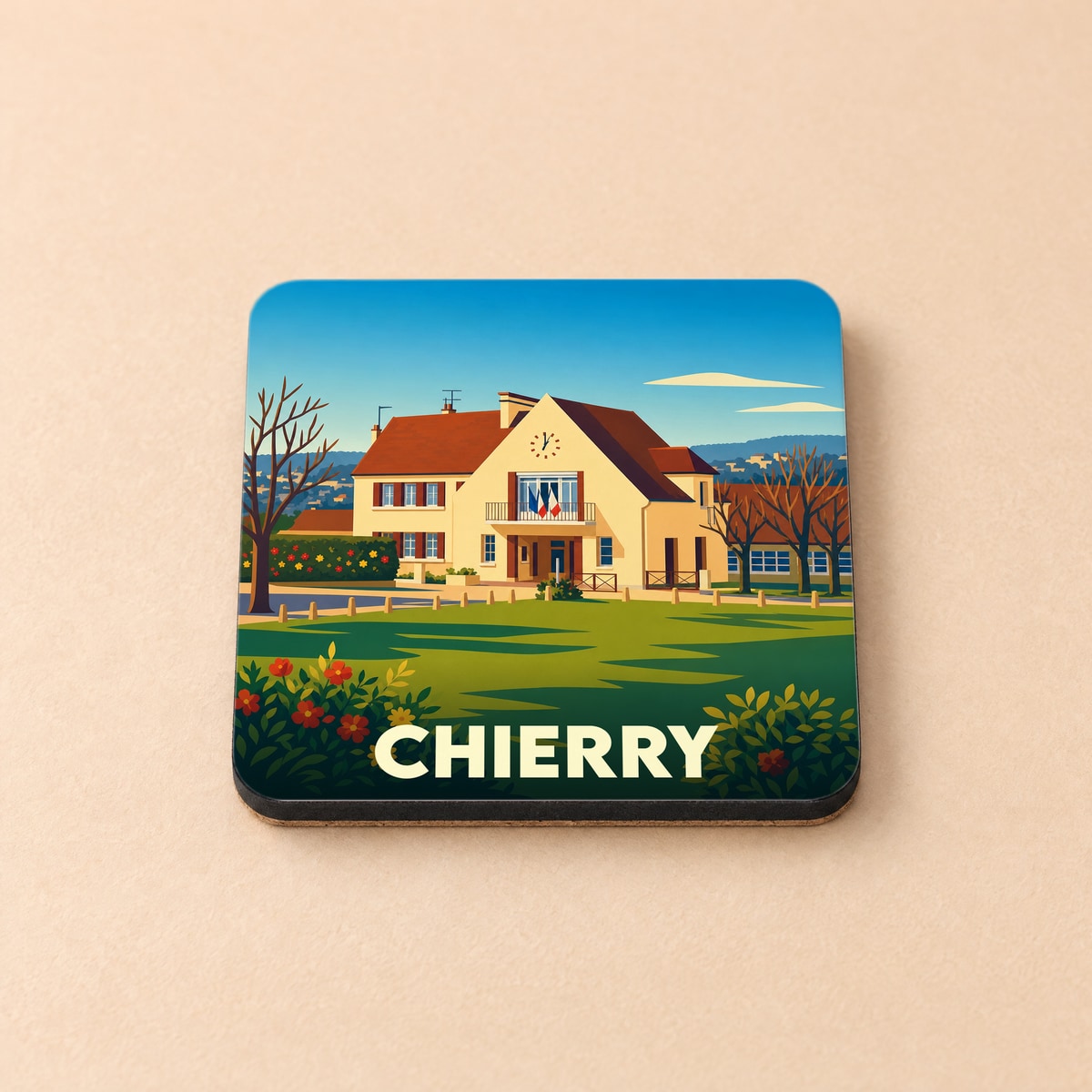 Dessous de verre souvenir de la ville de Chierry avec une illustration stylisée d'un bâtiment municipal.