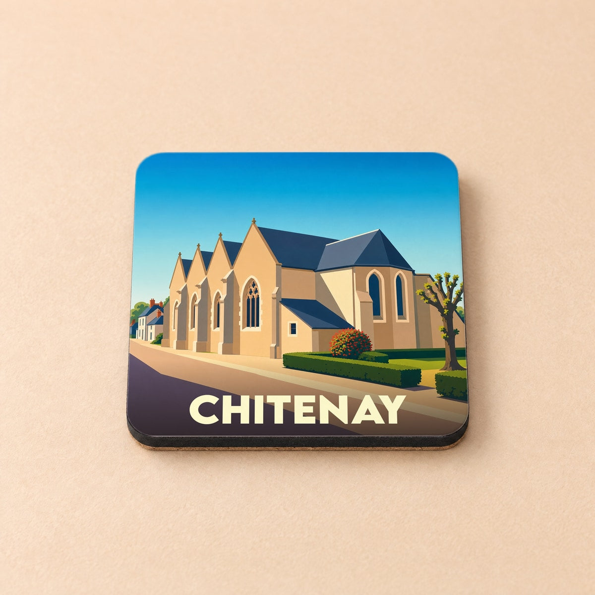 Dessous de verre souvenir de la ville de Chitenay illustré d'une église de style graphique épuré.