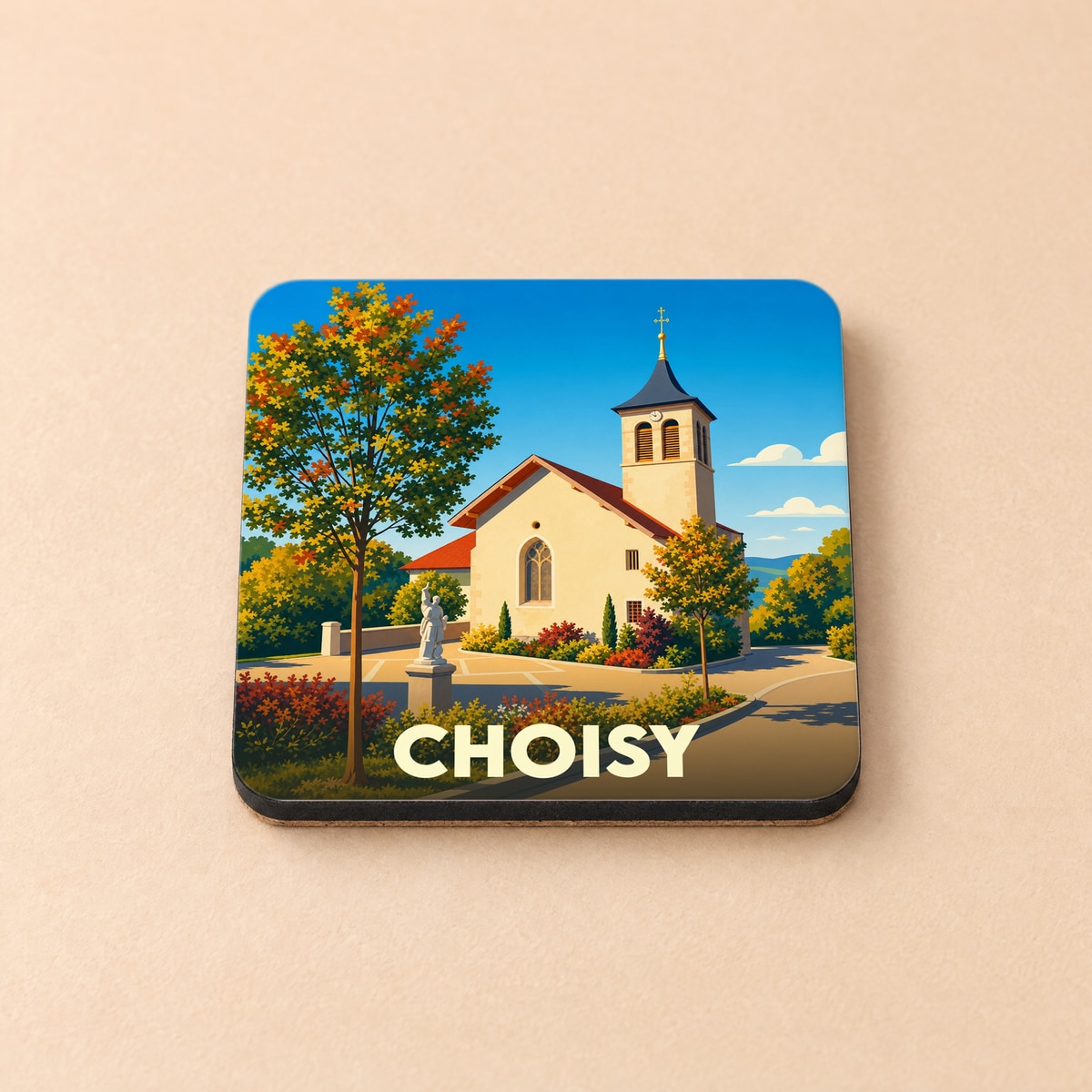 Dessous de verre souvenir de la ville de Choisy avec une illustration stylisée de son église sous un ciel bleu.