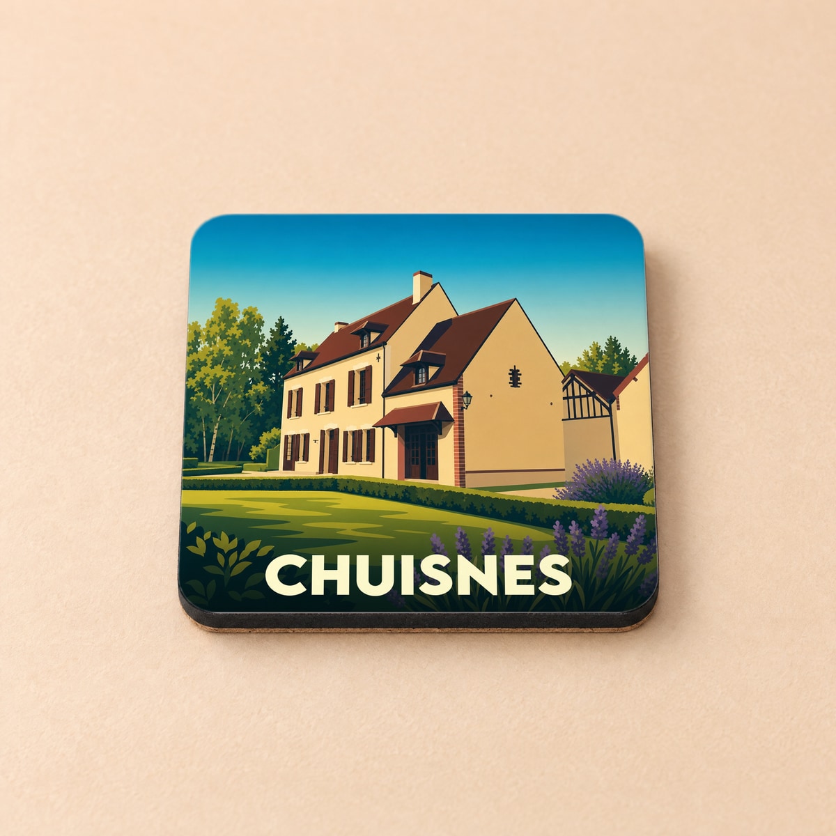 Dessous de verre souvenir de la ville de Chuisnes avec une illustration stylisée d'une maison de campagne.