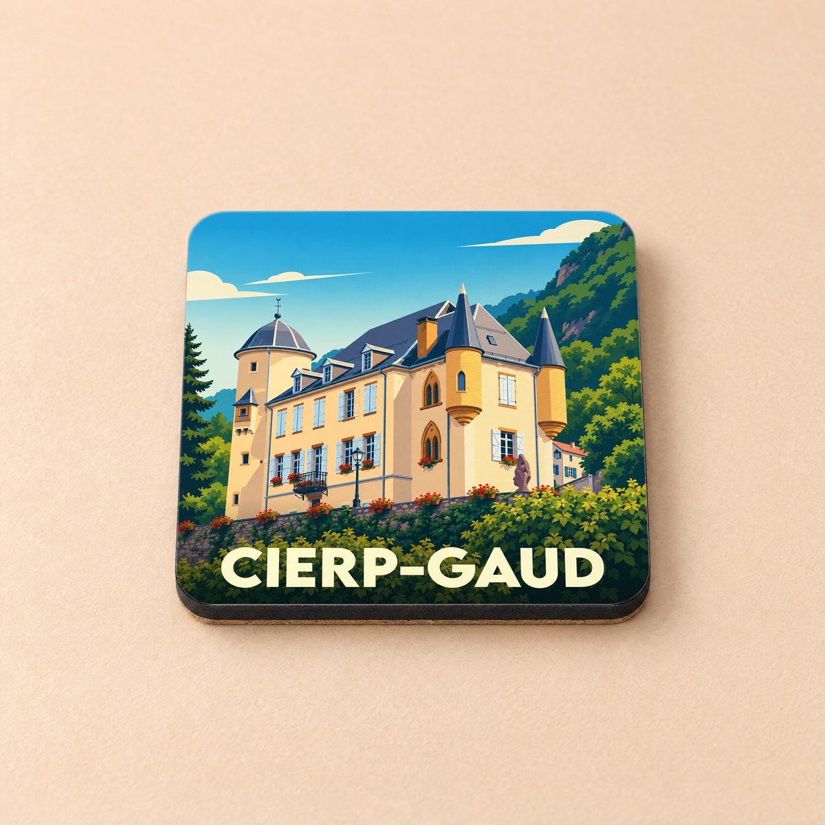 Dessous de verre souvenir de la ville de Cierp-Gaud avec une illustration stylisée d'un château.