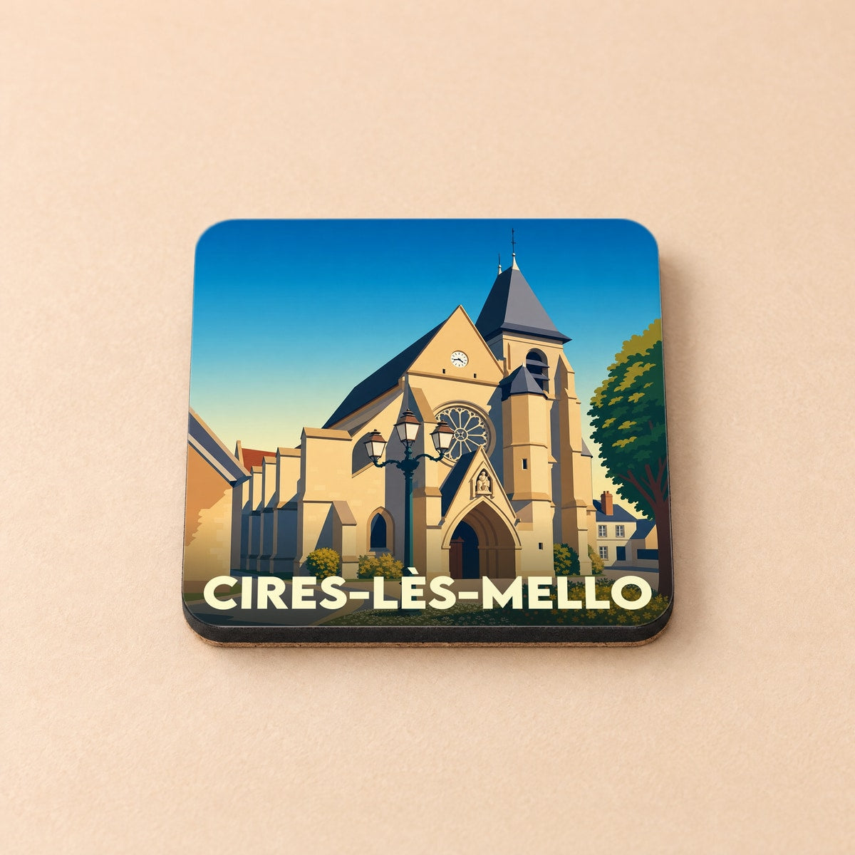 Dessous de verre souvenir de la ville de Cires-lès-Mello avec une illustration stylisée de son église.
