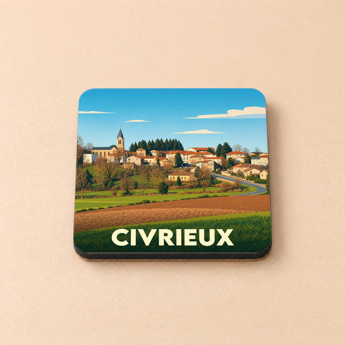 Dessous de verre souvenir de la ville de Civrieux avec une illustration stylisée de son paysage et de ses habitations.