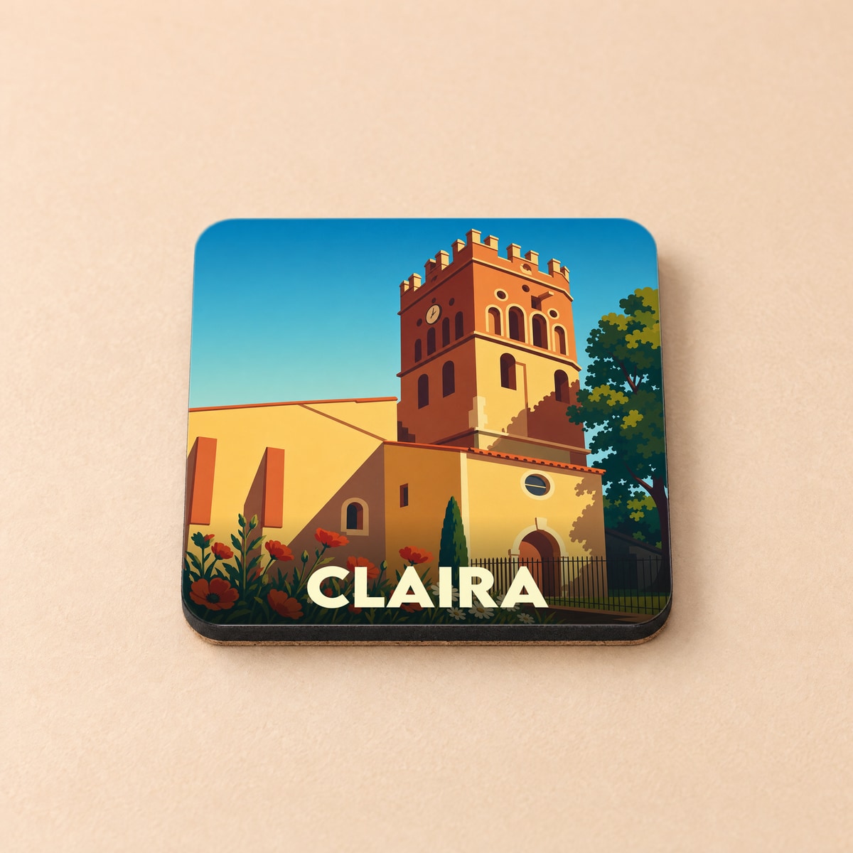 Dessous de verre souvenir de la ville de Claira avec une illustration stylisée de son église.