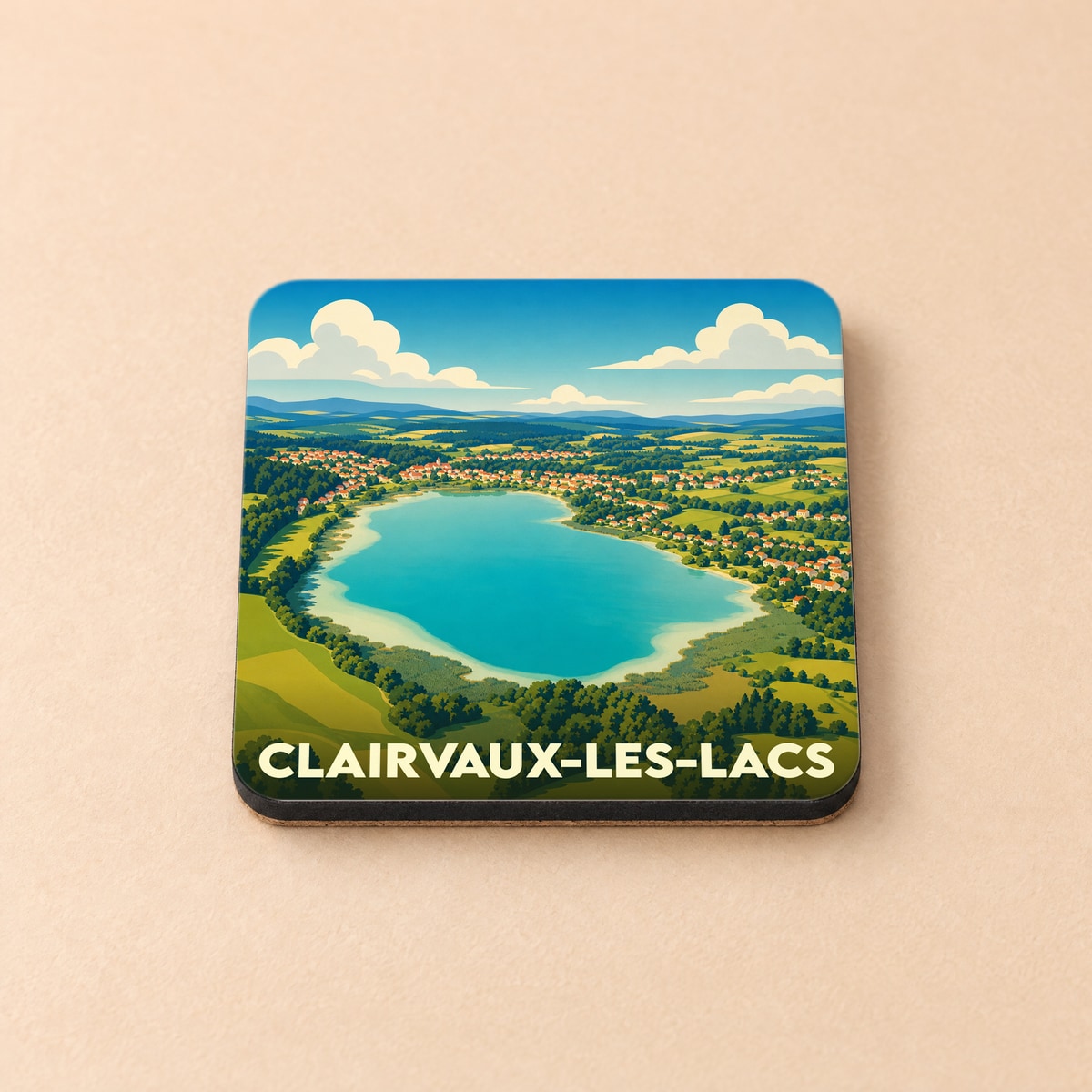 Dessous de verre souvenir de la ville de Clairvaux-les-Lacs avec une illustration stylisée d'un lac bordé d'un village.