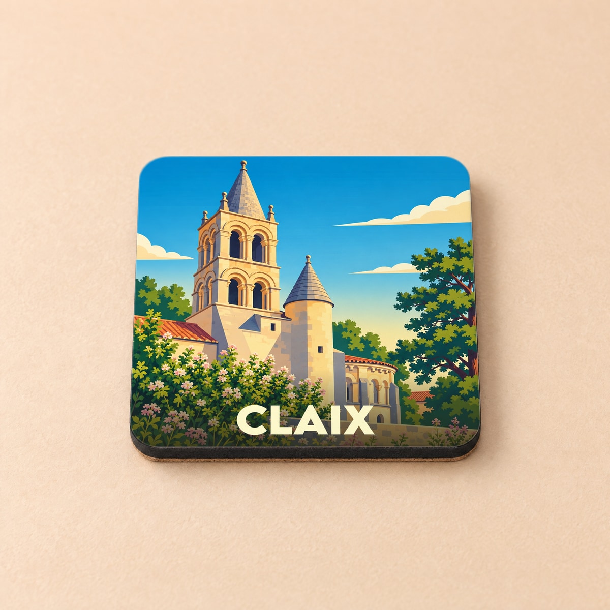 Dessous de verre souvenir de la ville de Claix avec une illustration stylisée de son église romane.