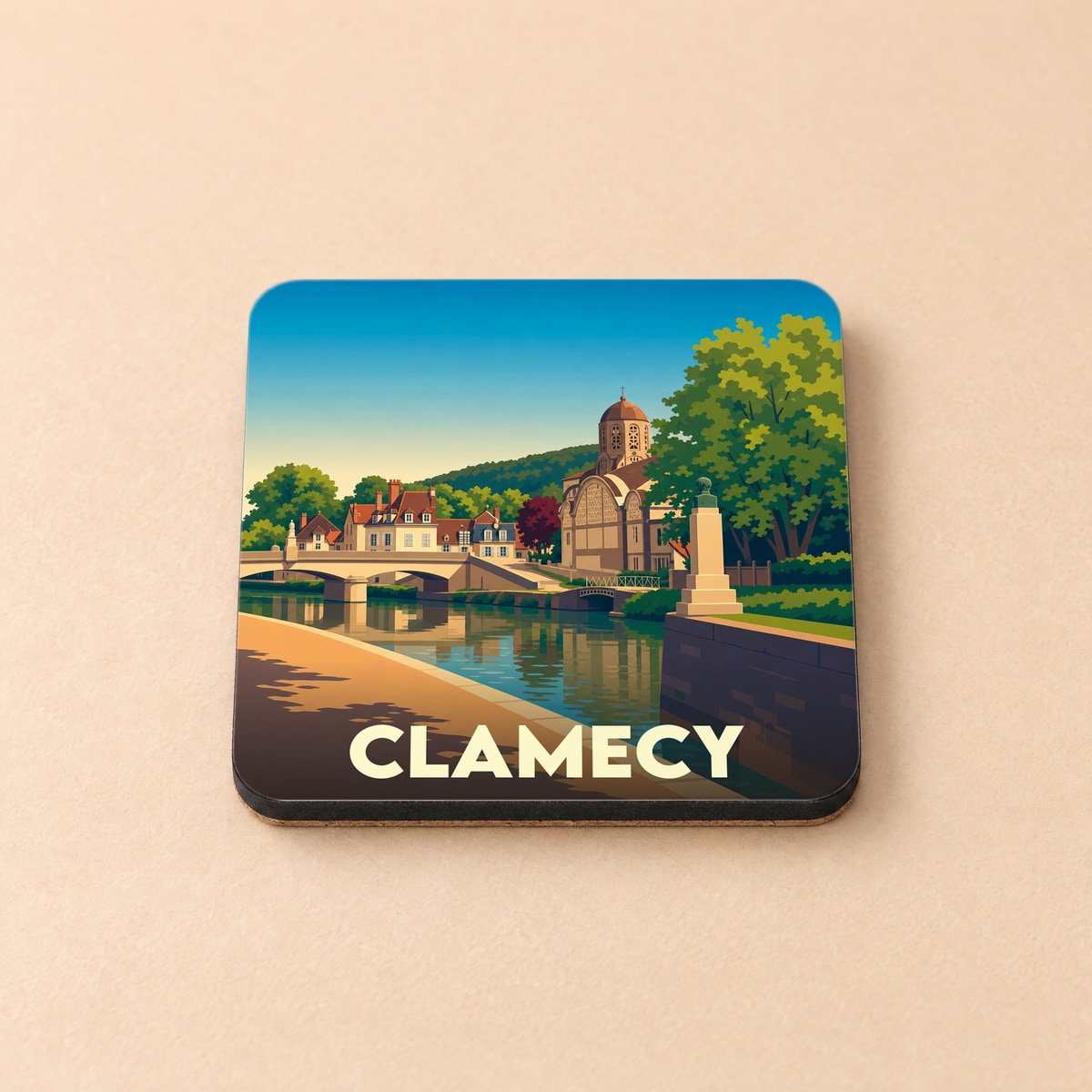 Dessous de verre souvenir de la ville de Clamecy avec une illustration stylisée des bords de l'Yonne.