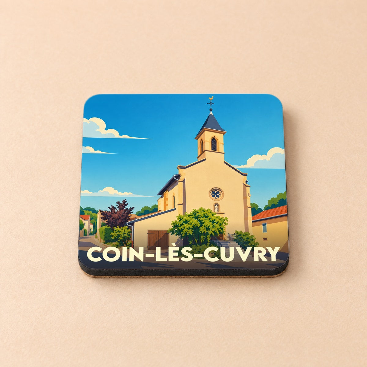 Dessous de verre souvenir de la ville de Coin-lès-Cuvry avec une illustration stylisée de son église.