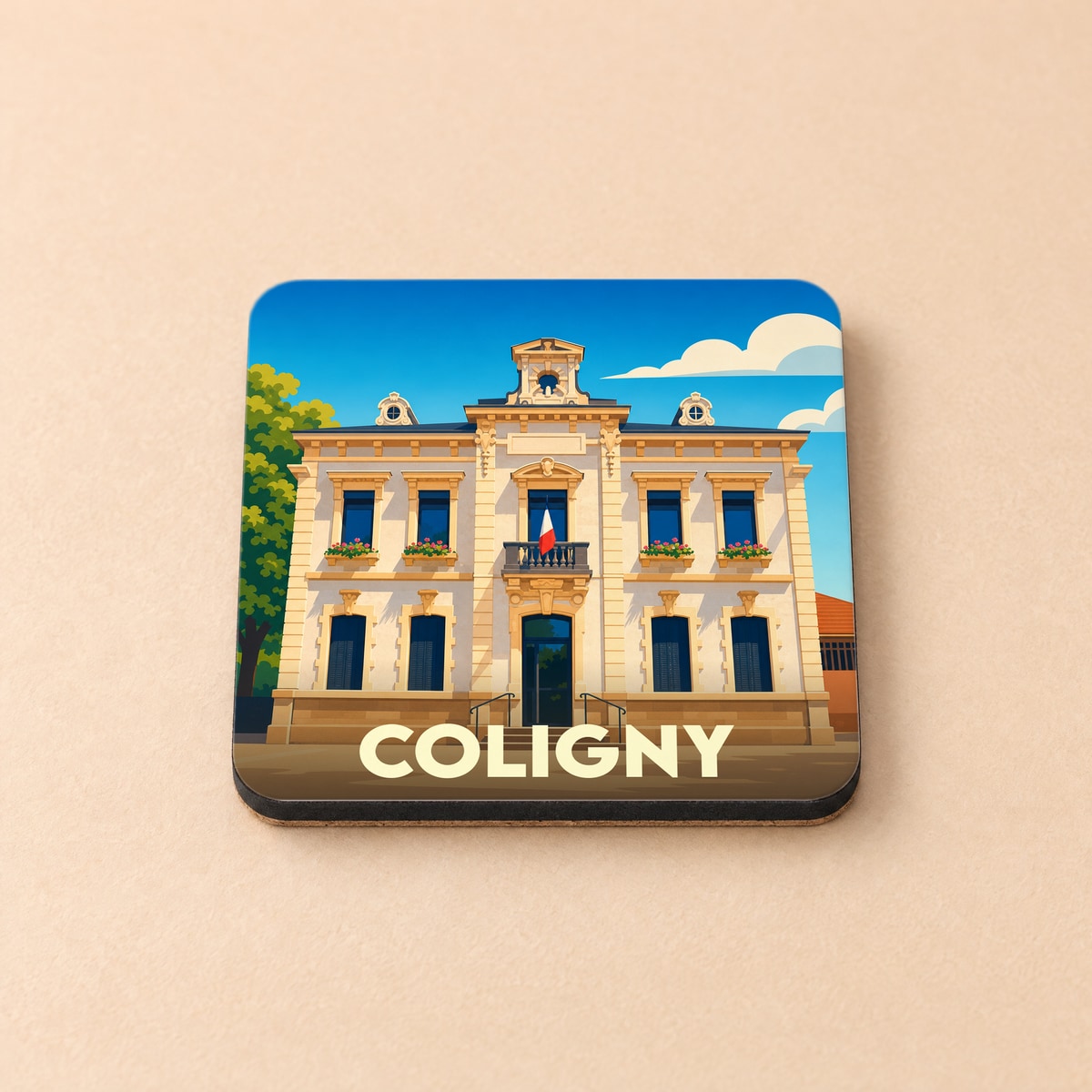 Dessous de verre souvenir de la ville de Coligny avec une illustration stylisée de sa mairie.
