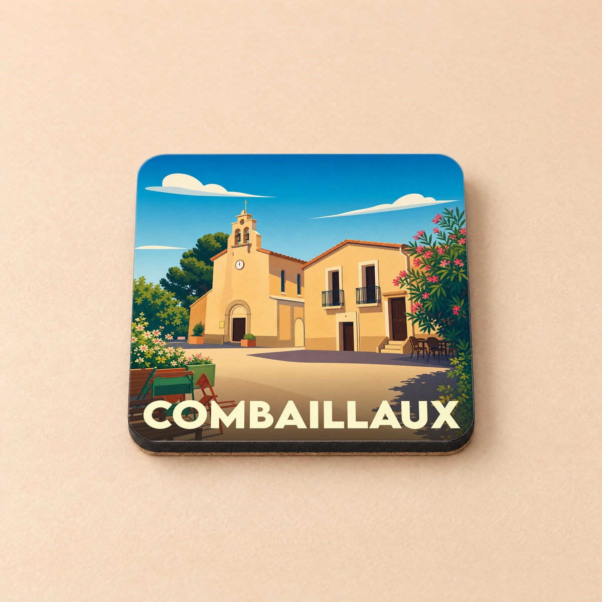 Dessous de verre souvenir de la ville de Combaillaux avec une illustration stylisée de son église et d'une place ensoleillée.