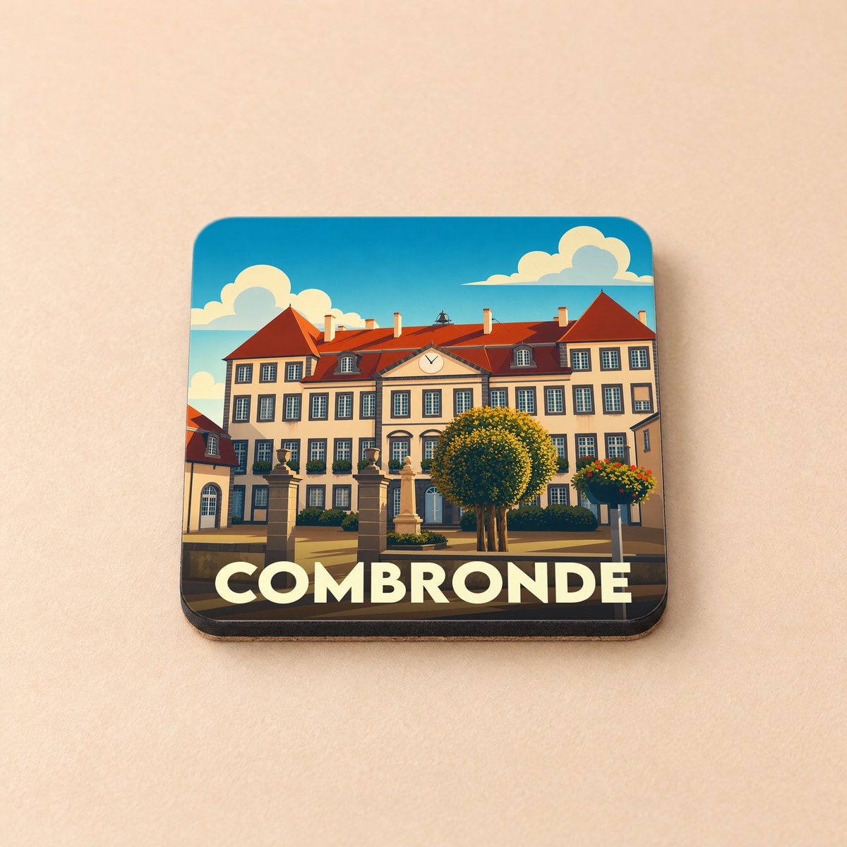 Dessous de verre souvenir de la ville de Combronde avec une illustration stylisée de l'hôtel de ville.