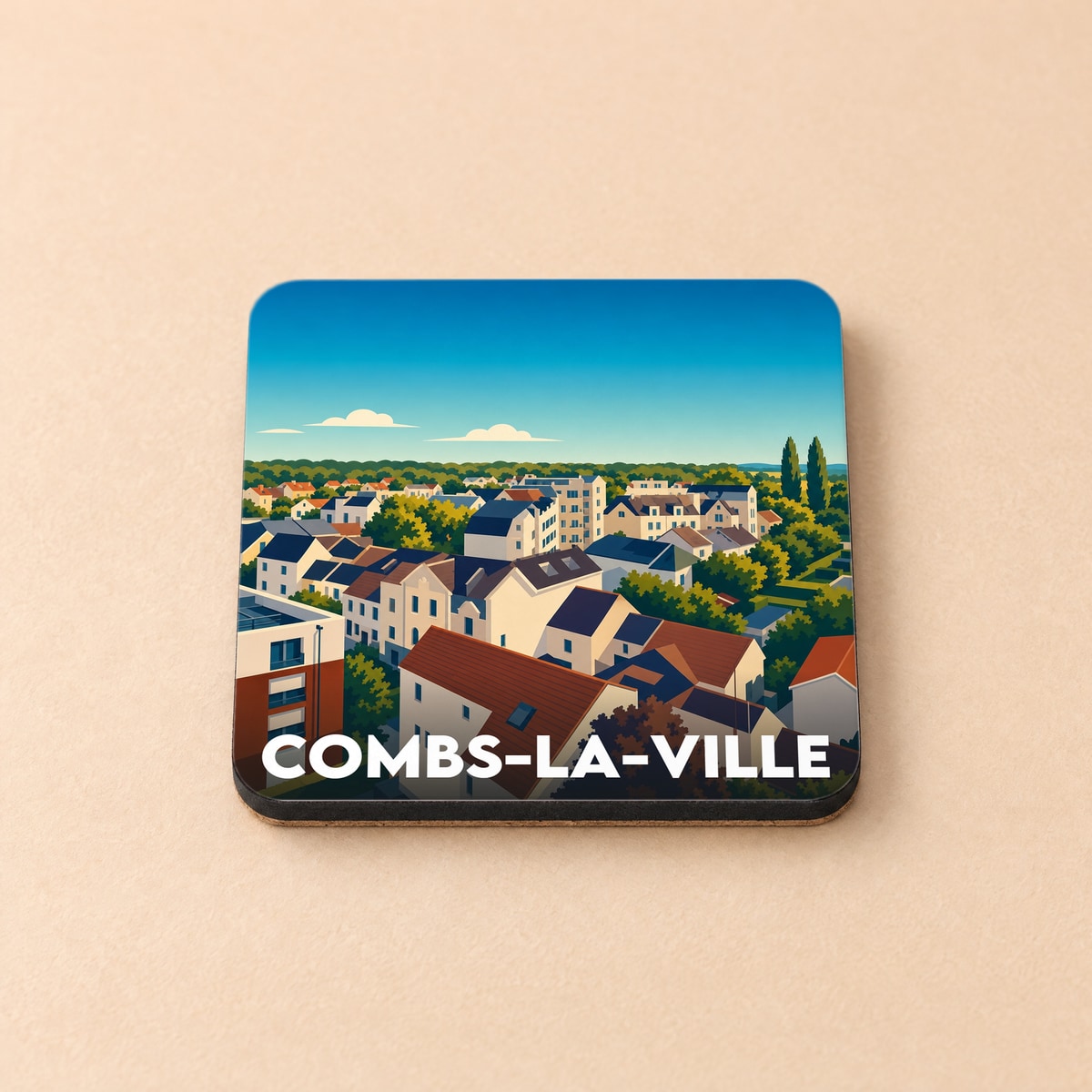 Dessous de verre souvenir de la ville de Combs-la-Ville avec une illustration stylisée.