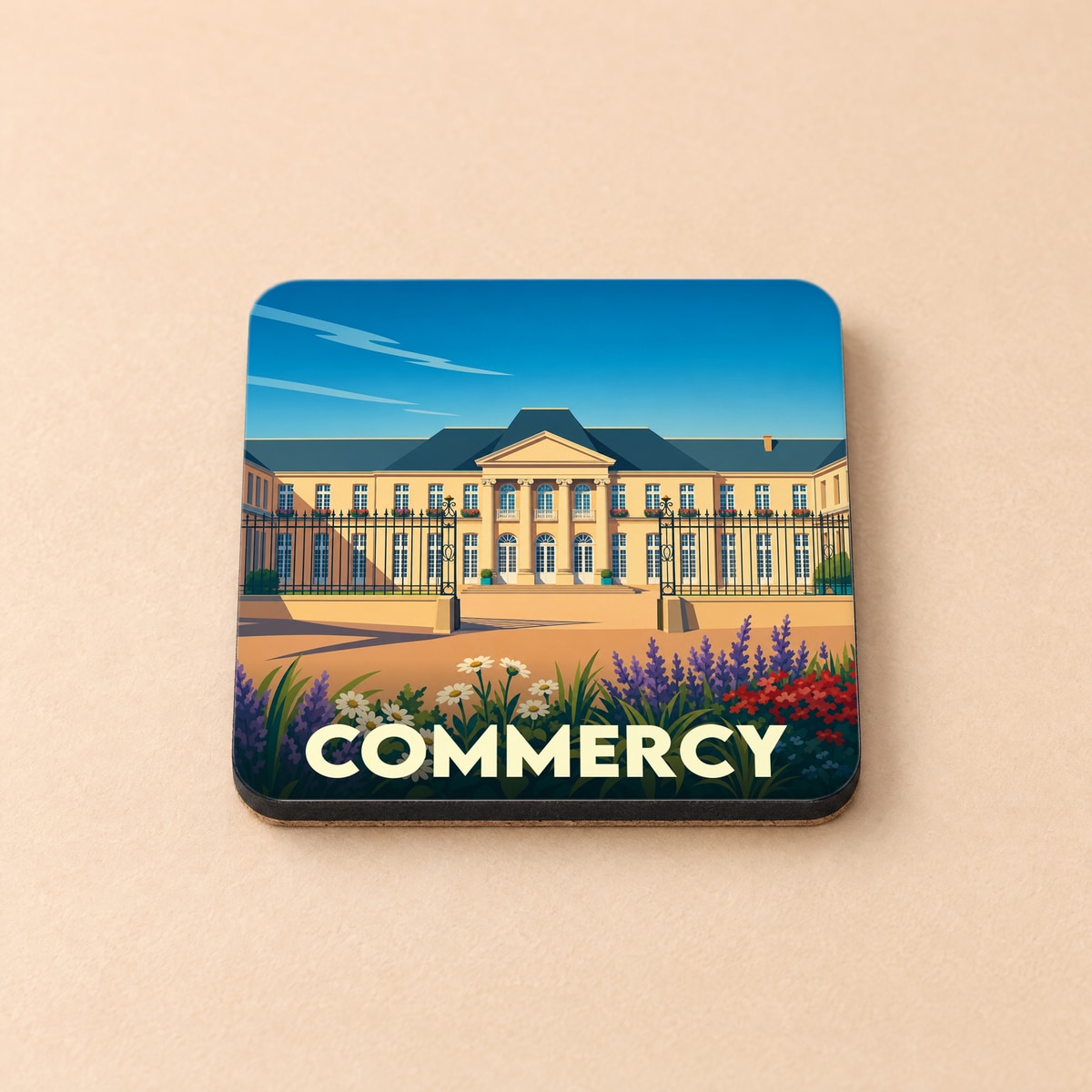 Dessous de verre souvenir de la ville de Commercy avec une illustration stylisée de son château.