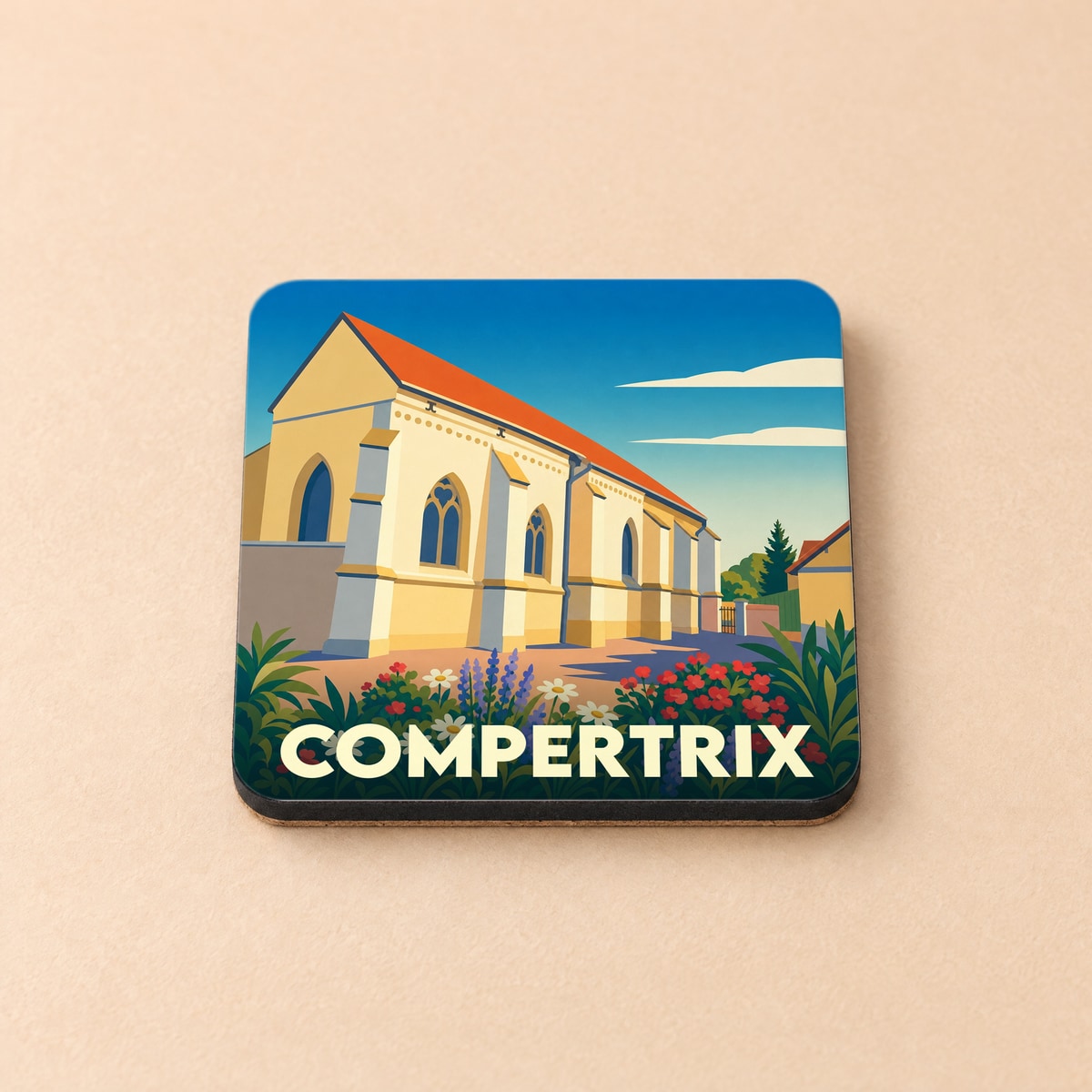 Dessous de verre souvenir de la ville de Compertrix avec une illustration stylisée de son église et de fleurs.