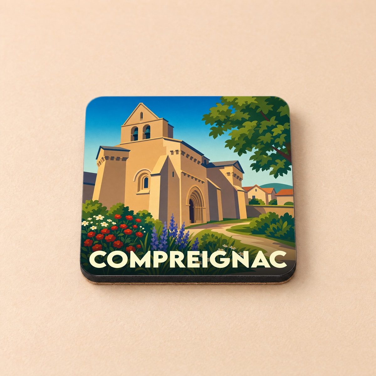 Dessous de verre souvenir de la ville de Compreignac avec une illustration stylisée de son église romane.
