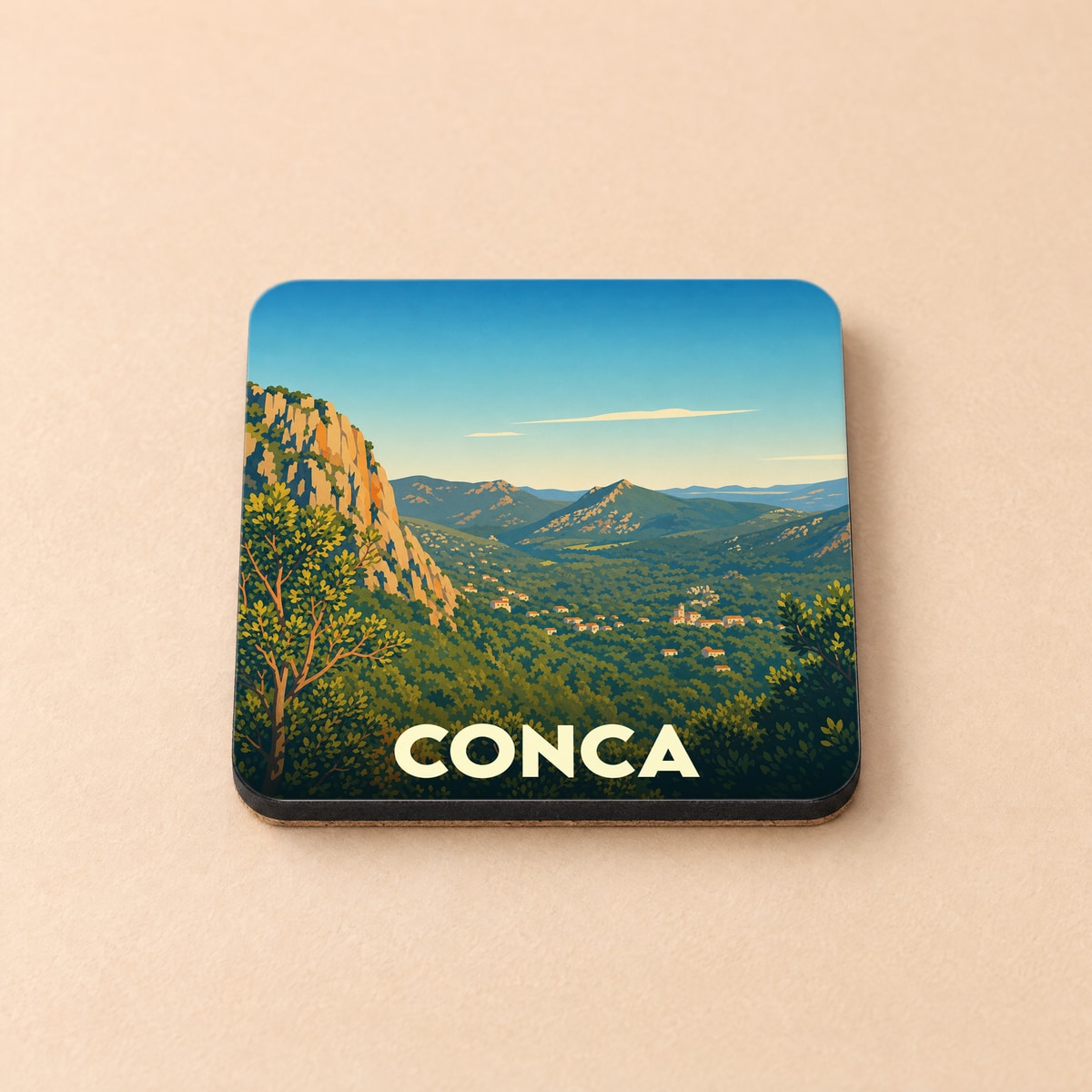 Dessous de verre souvenir de la ville de Conca avec une illustration stylisée de son paysage montagneux.