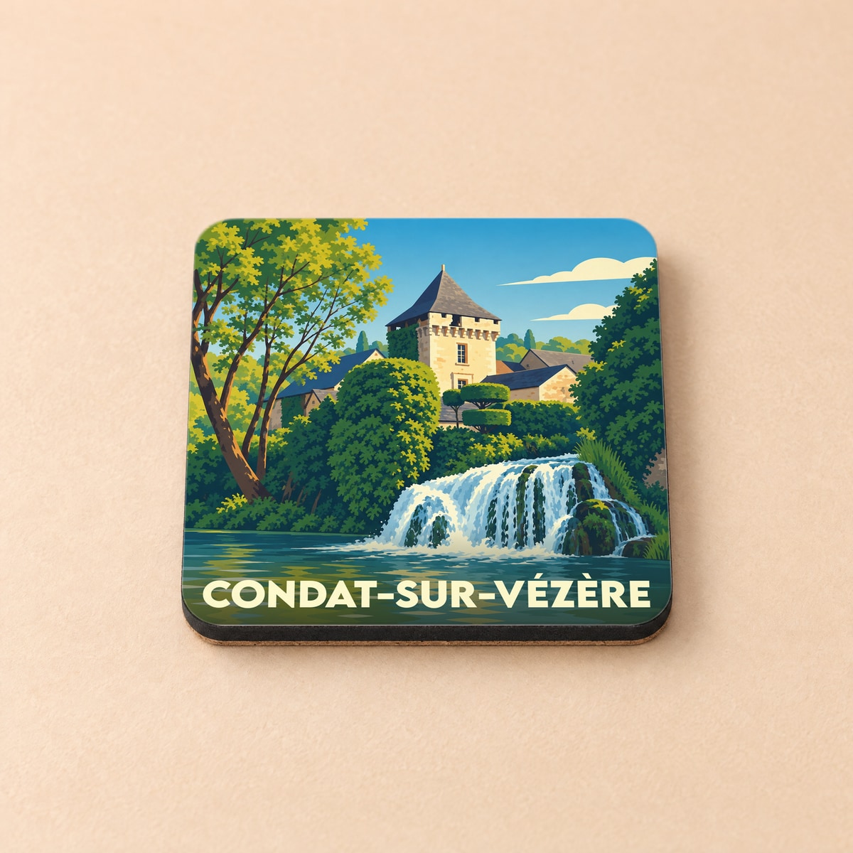 Dessous de verre souvenir de la ville de Condat-sur-Vézère avec une illustration stylisée d'un château et d'une cascade.