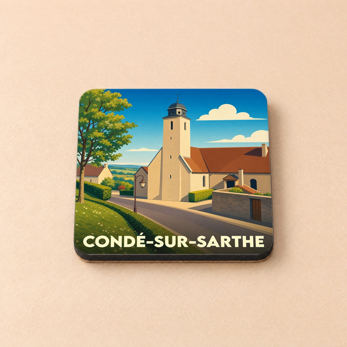 Dessous de verre souvenir de la ville de Condé-sur-Sarthe avec une illustration stylisée.