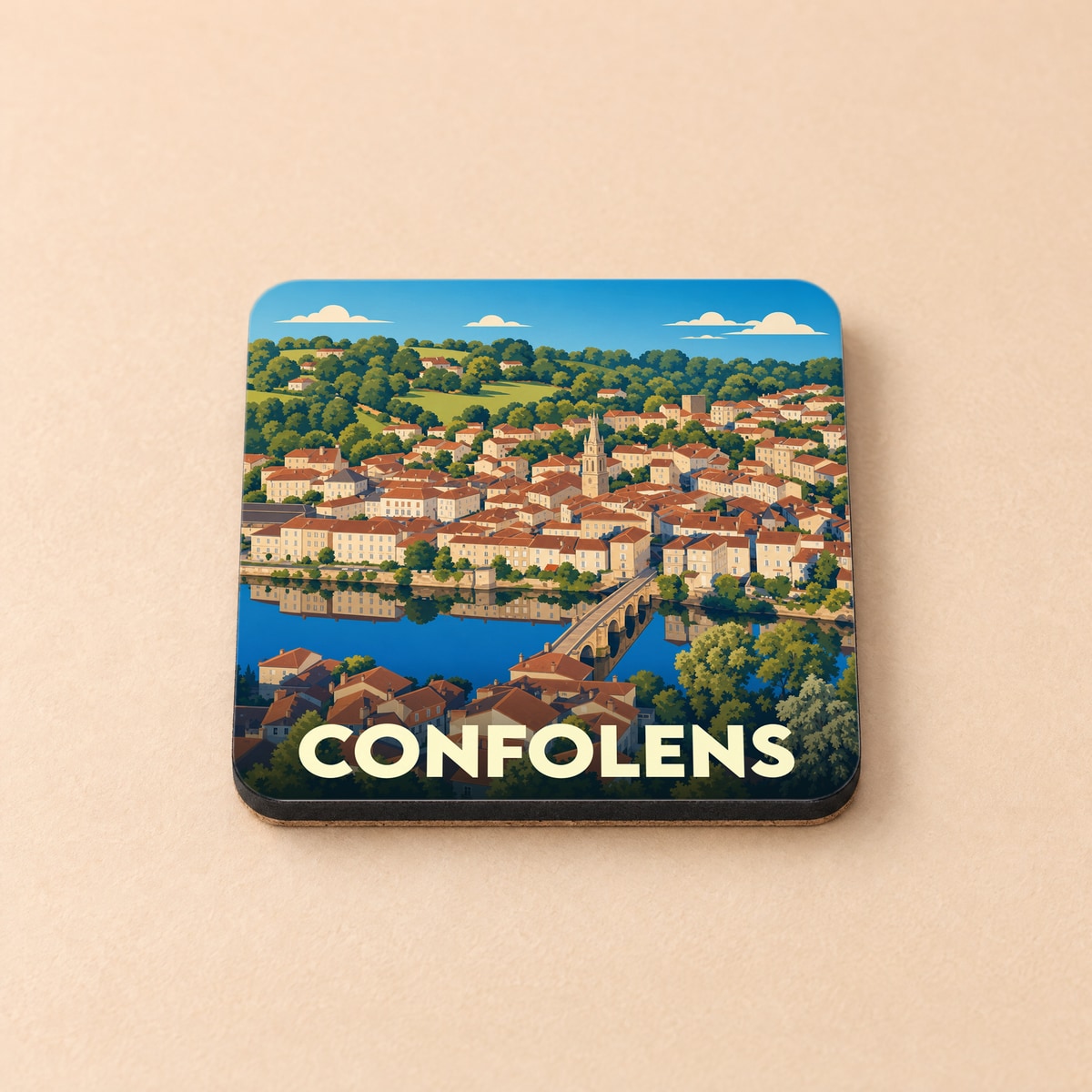 Dessous de verre souvenir de la ville de Confolens avec une illustration stylisée des bords de la Vienne.