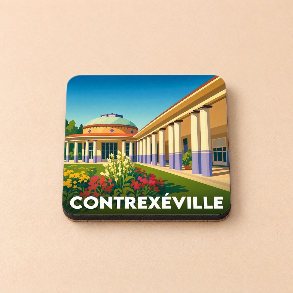 Dessous de verre souvenir de la ville de Contrexéville avec une illustration stylisée de ses thermes.