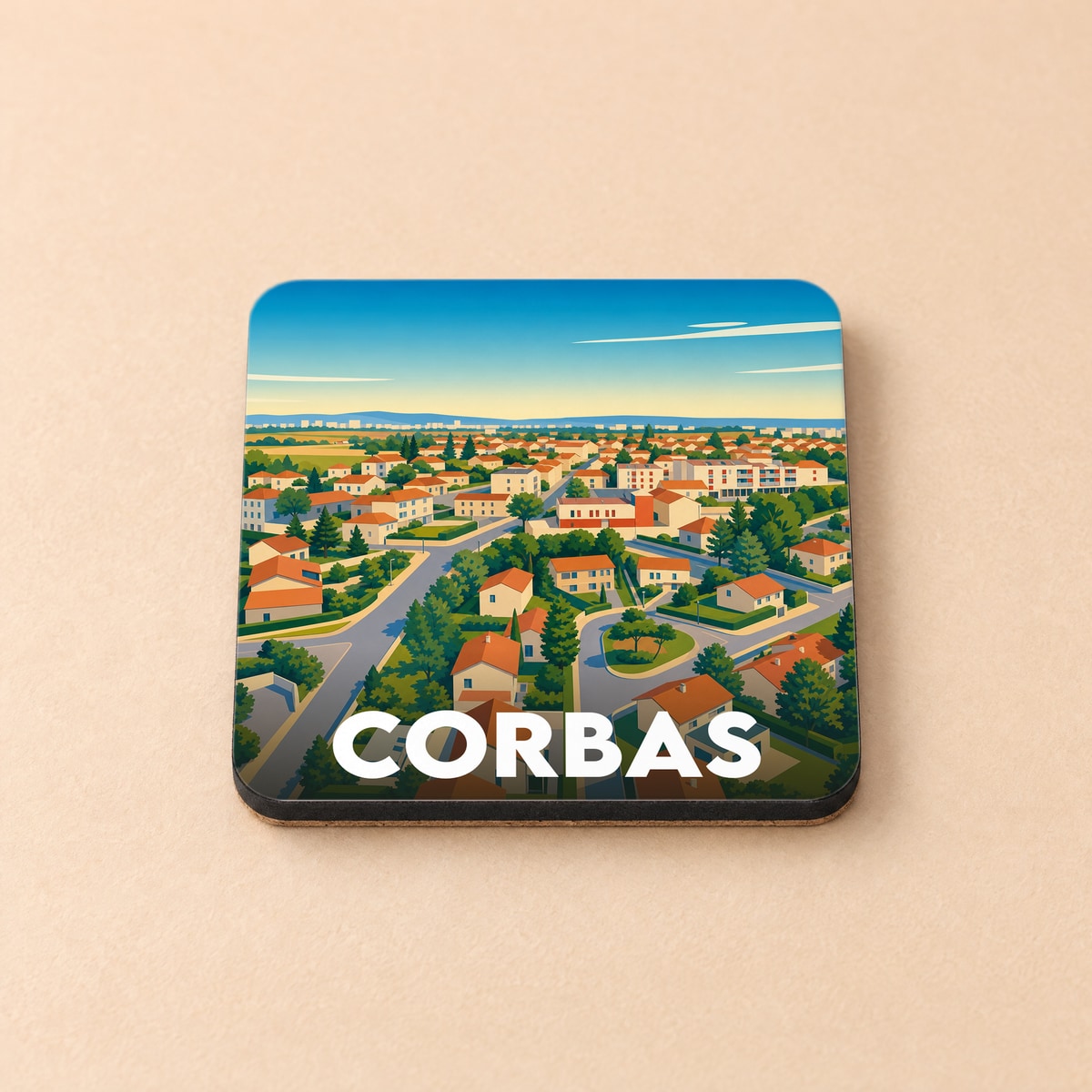 Dessous de verre souvenir de la ville de Corbas avec une illustration stylisée d'un paysage urbain.