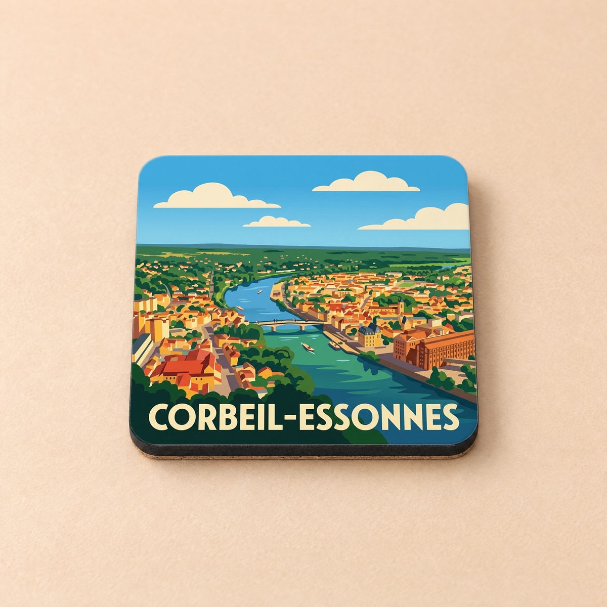 Dessous de verre souvenir de la ville de Corbeil-Essonnes avec une illustration stylisée et colorée.
