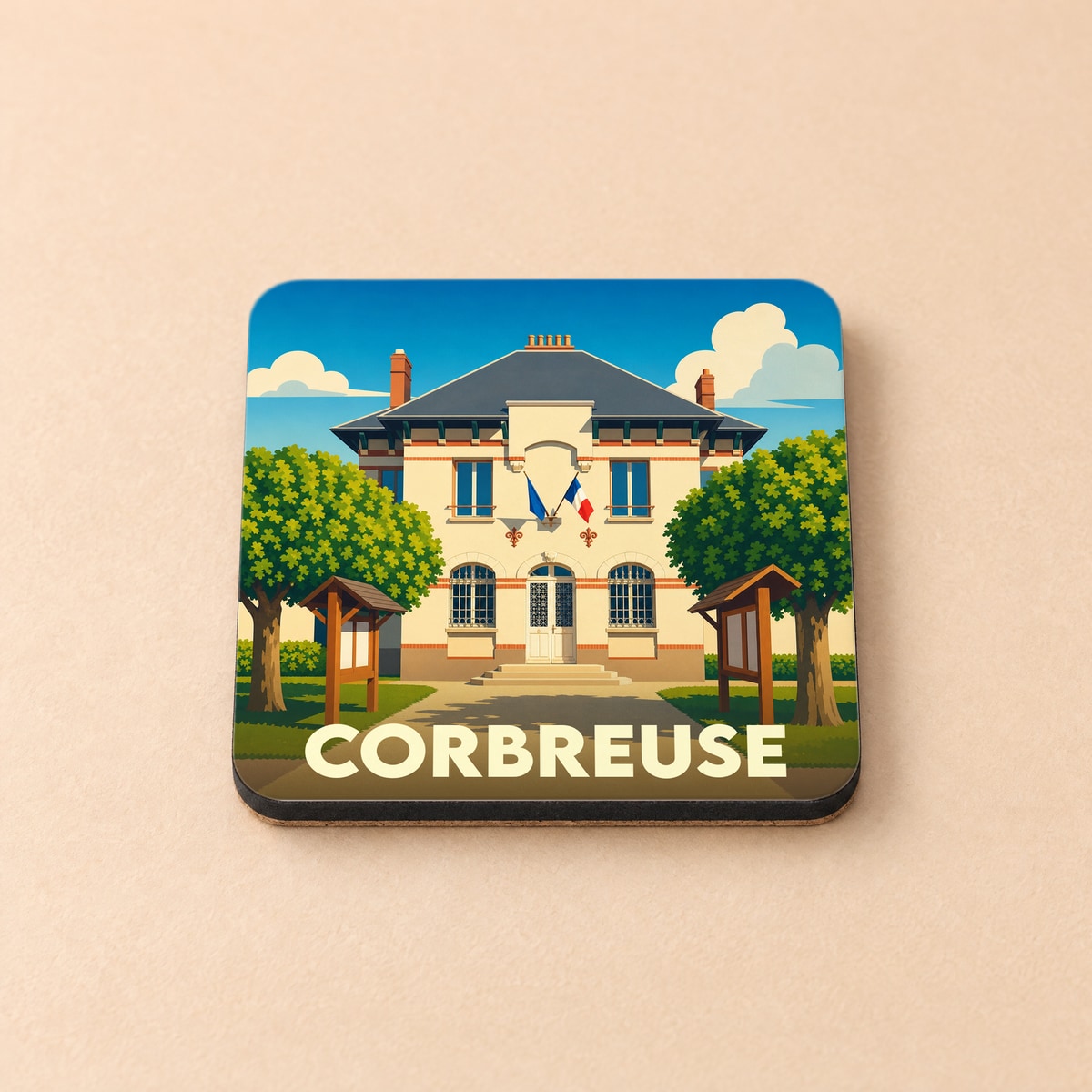Dessous de verre souvenir de la ville de Corbreuse avec une illustration stylisée de sa mairie.