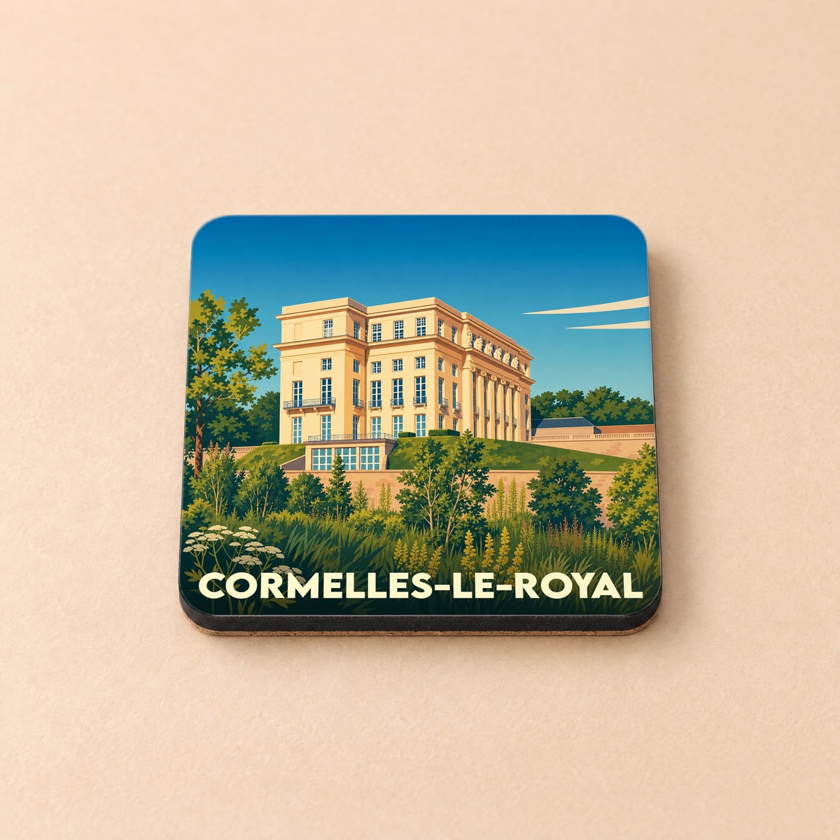 Dessous de verre souvenir de la ville de Cormelles-le-Royal avec une illustration stylisée d'un bâtiment historique.