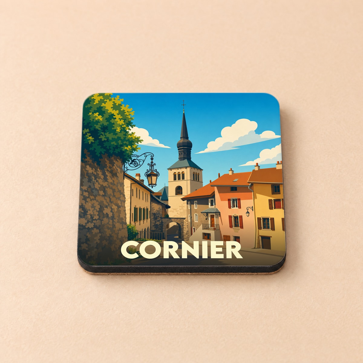Dessous de verre souvenir de la ville de Cornier avec une illustration stylisée d'une rue typique.
