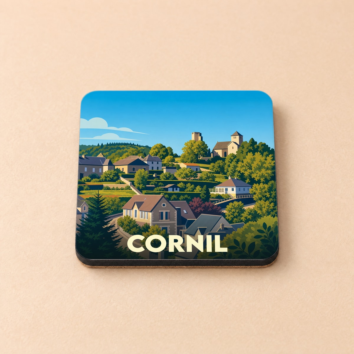 Dessous de verre souvenir de la ville de Cornil avec une illustration stylisée d'un village vallonné.